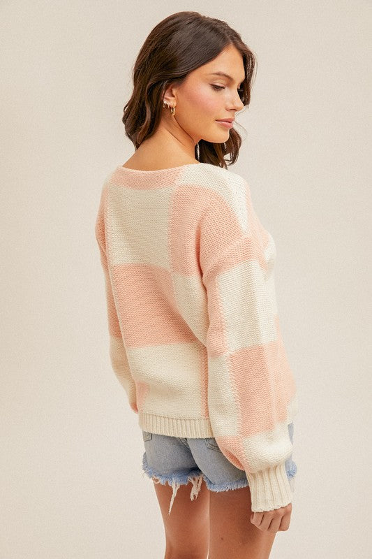 CHECKER PRINT BOAT NECK BUBBLE SLEEVE SWEATER - (Strawberry)