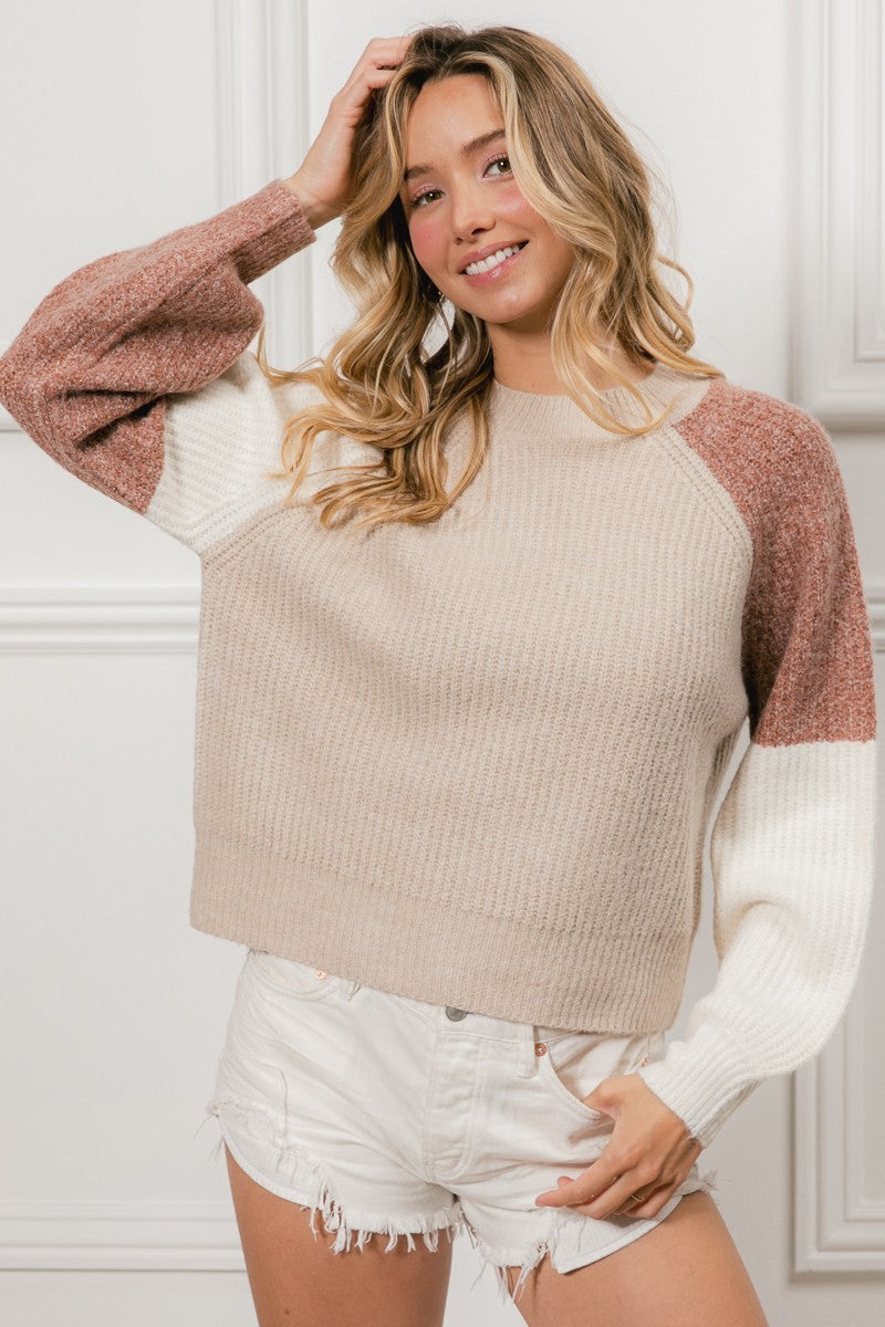 COLOR BLOCK RAGLAN SWEATER PULLOVER - (Mocha/Oatmeal)