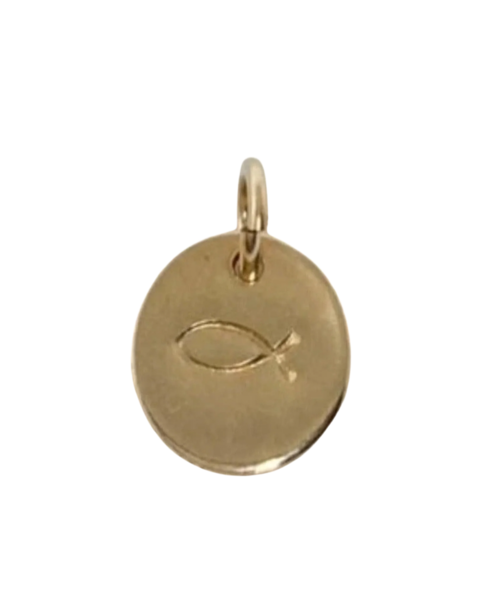A gold-filled 3/8 inch disc charm with a stamped symbol, attached to a loop for necklace layering.