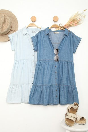 Denim Shirt Tiered Mini Dress - (Light Indigo)