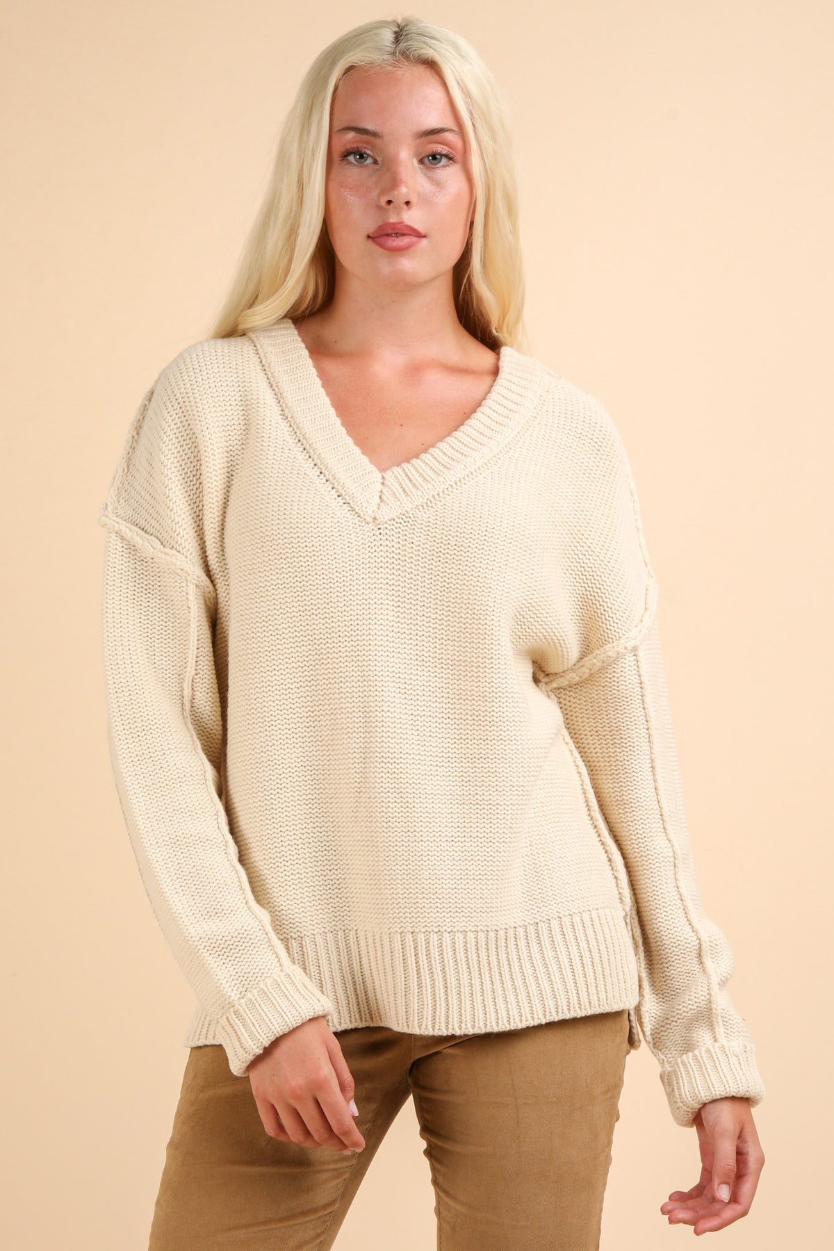 Oversized Chunky V-Neck Casual Knit Sweater Top - (Cream)