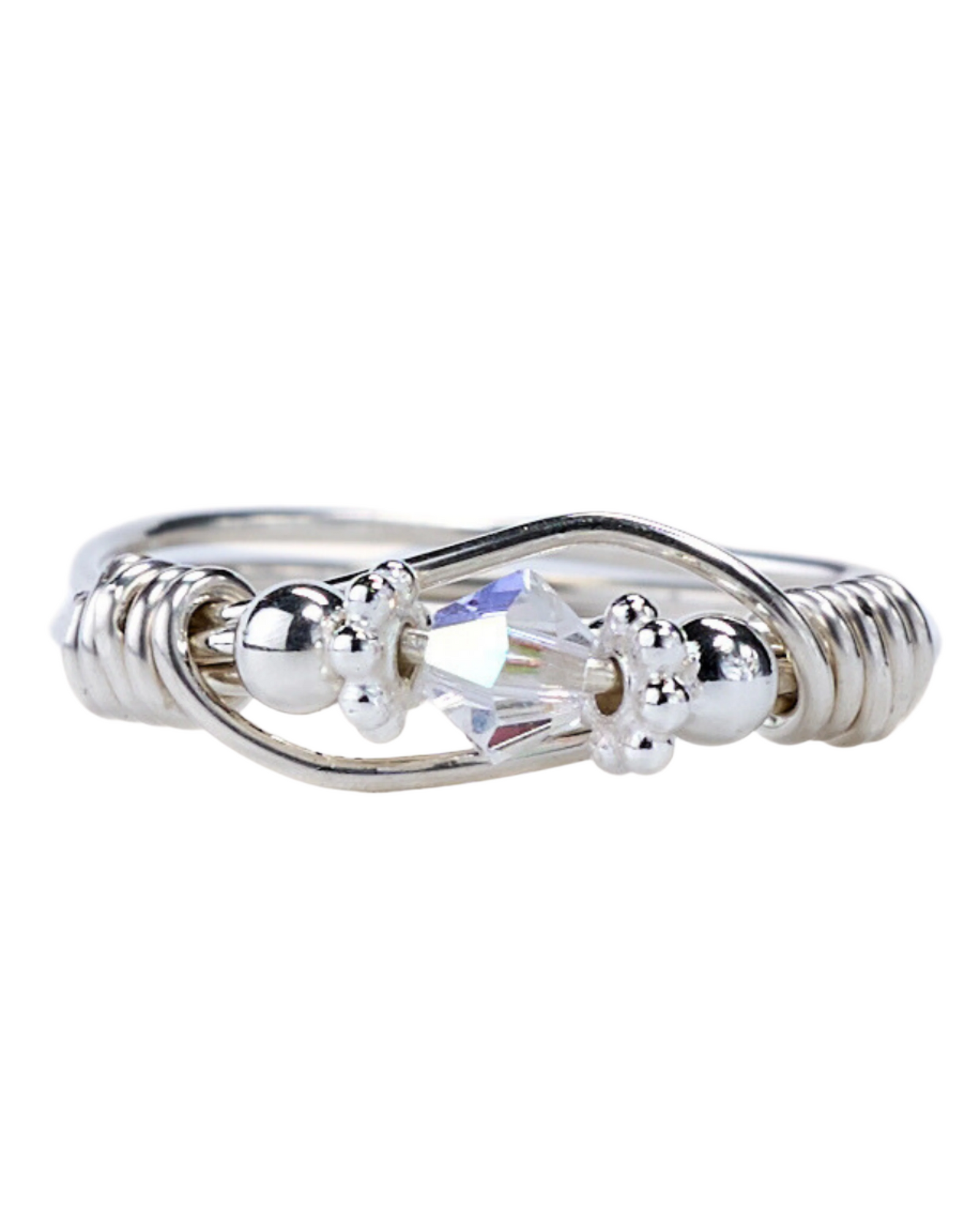 A silver ring featuring a central Swarovski crystal surrounded by smaller crystals, all wrapped in sterling silver wire.