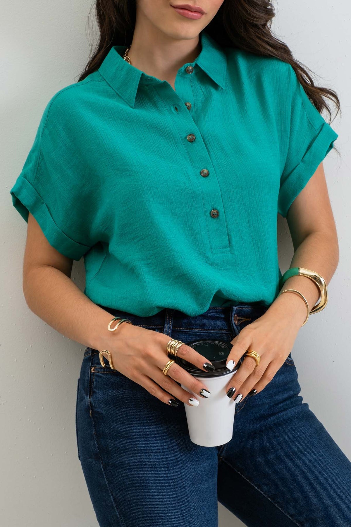 Plus Mid Button Down Blouse - (Kelly Green)