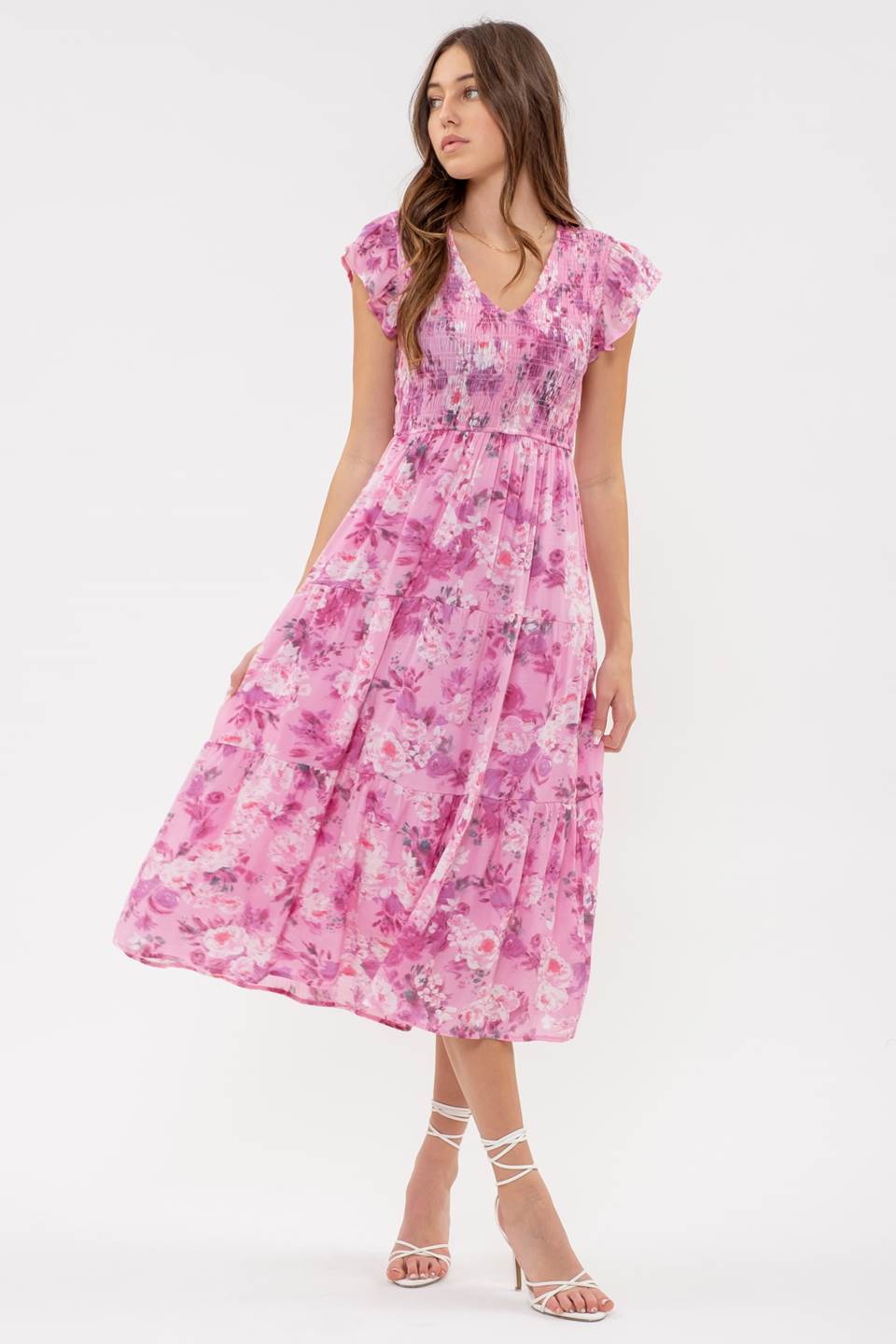 Floral Flutter Sleeve Midi Dress - (Pink Multi)