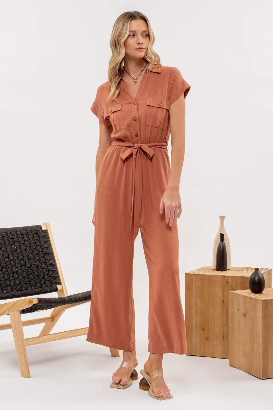 Button Down Belted Wide Leg Jumpsuit - (Sienna)