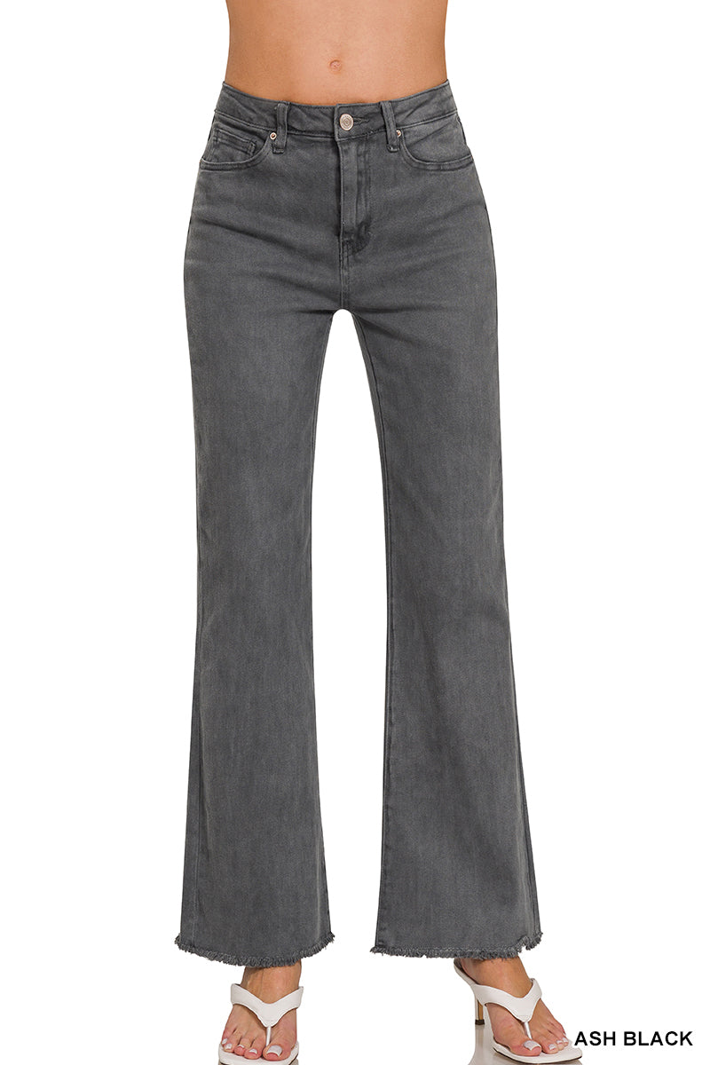 ACID WASHED FRAYED CUTOFF HEM STRAIGHT WIDE PANTS - (Grey)