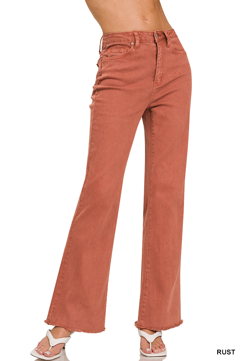 ACID WASHED FRAYED CUTOFF HEM STRAIGHT WIDE PANTS - (Rust)