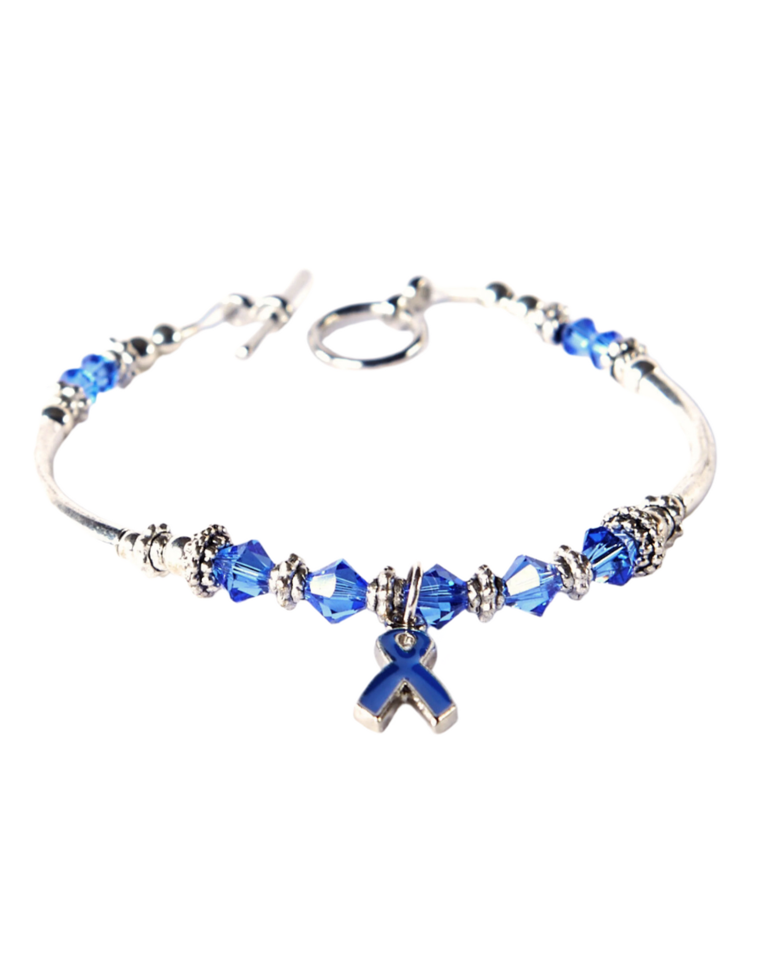 An awareness bracelet featuring dark blue Swarovski crystals and a dark blue ribbon charm with silver components on a white background.