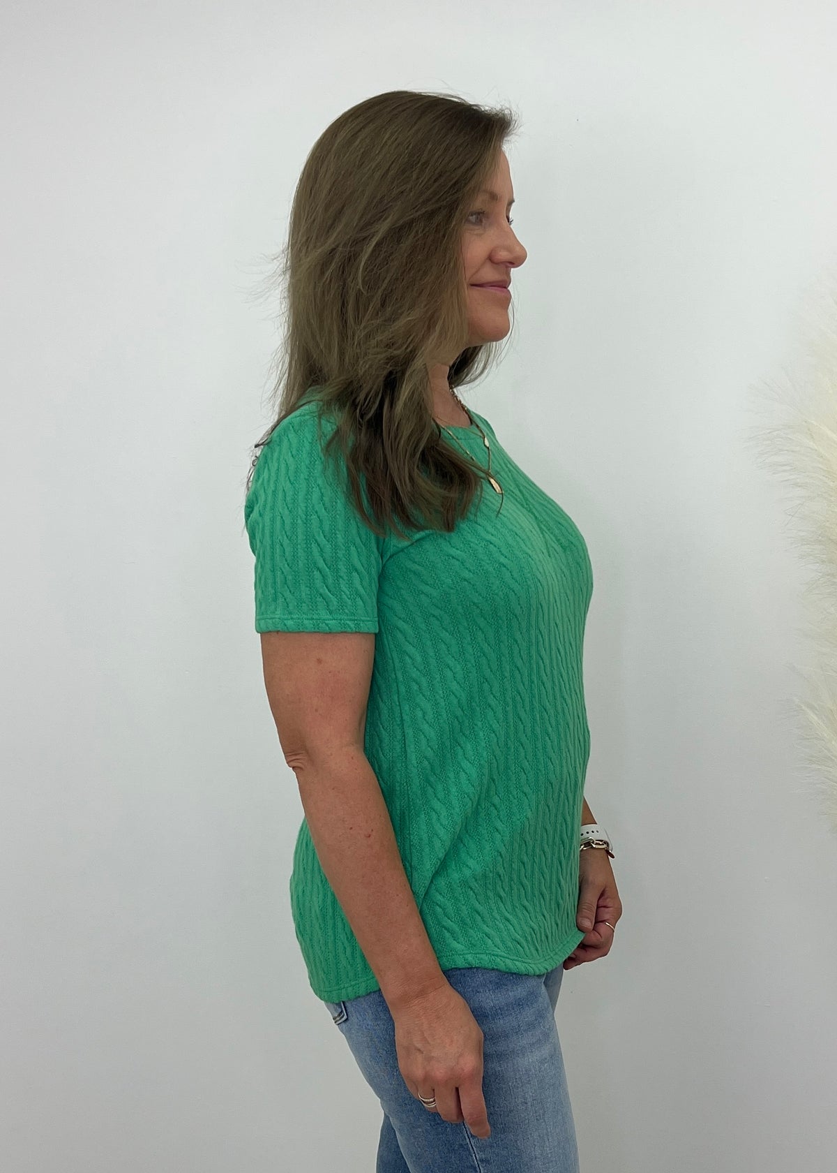 Sarah Cable Knit Short Sleeve Top- (Kelly Green)