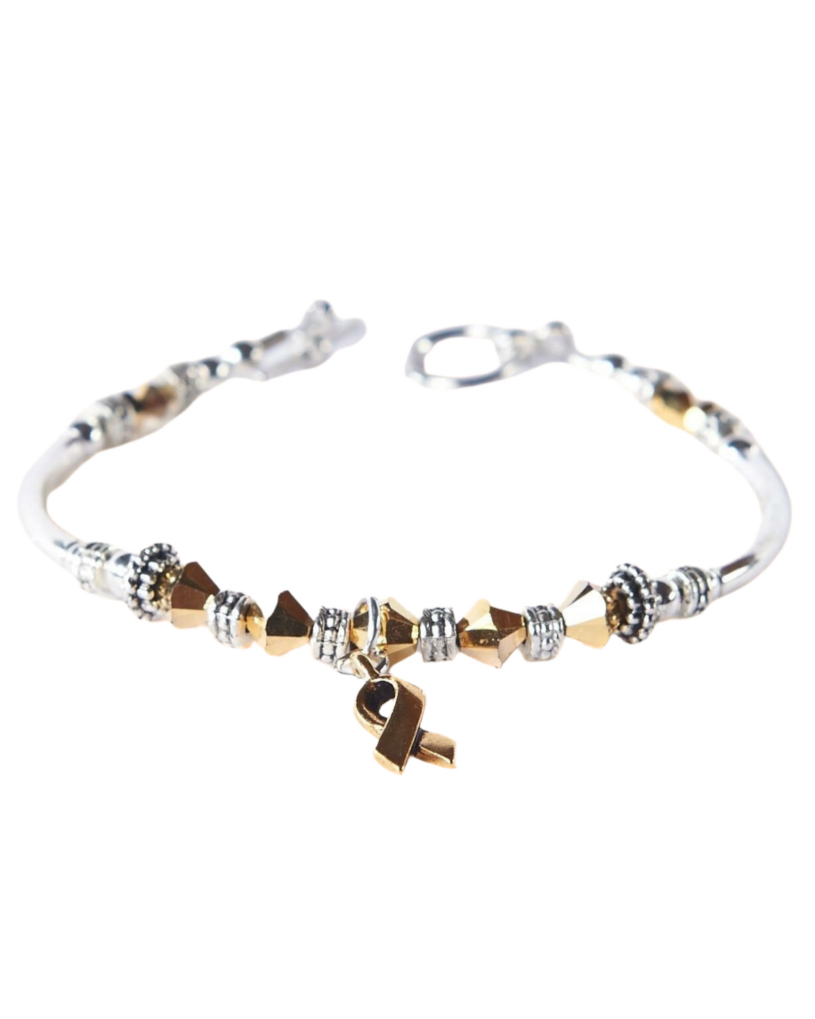 Bracelet with gold and silver beads on a white background