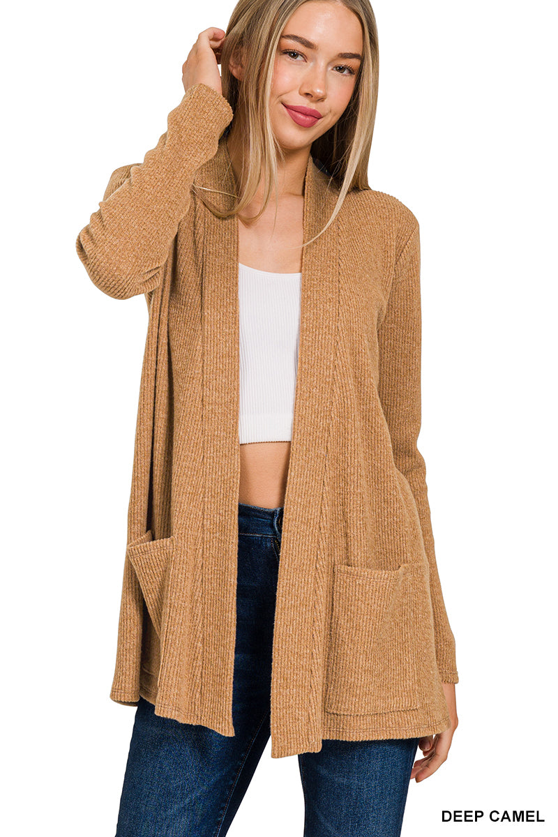 Heather ribbed sweater open front cardigan DEEP CAMEL