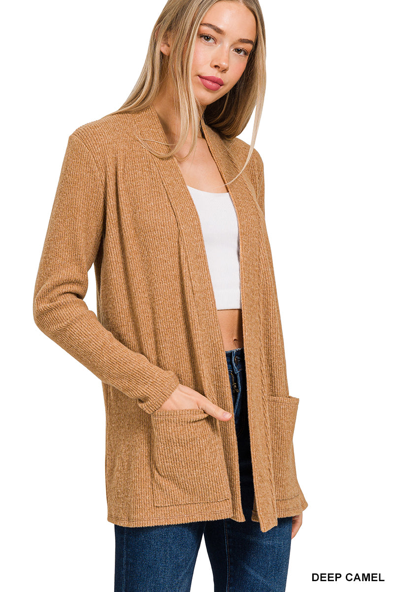 Heather ribbed sweater open front cardigan DEEP CAMEL