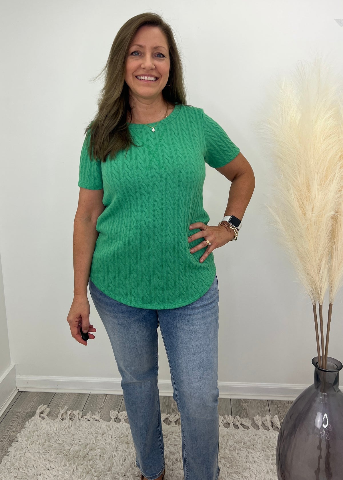Sarah Cable Knit Short Sleeve Top- (Kelly Green)