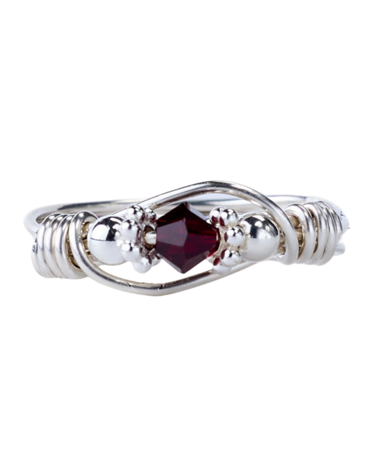 A sterling silver ring with Swarovski crystals, featuring a maroon-colored crystal as the centerpiece, surrounded by smaller clear crystals, wrapped with silver beads and wire.