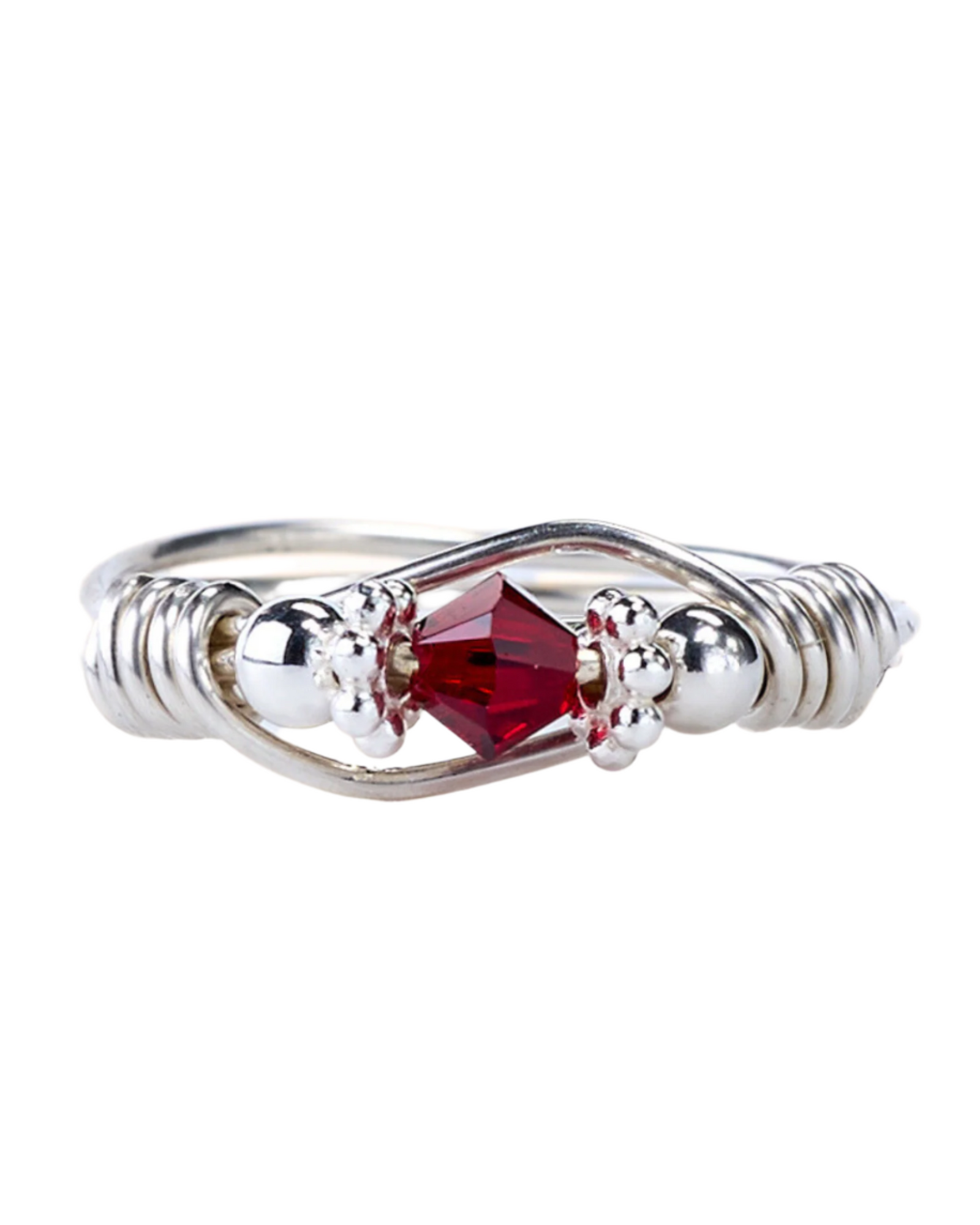A silver ring with red Swarovski crystals and silver beads wrapped in sterling silver wire.