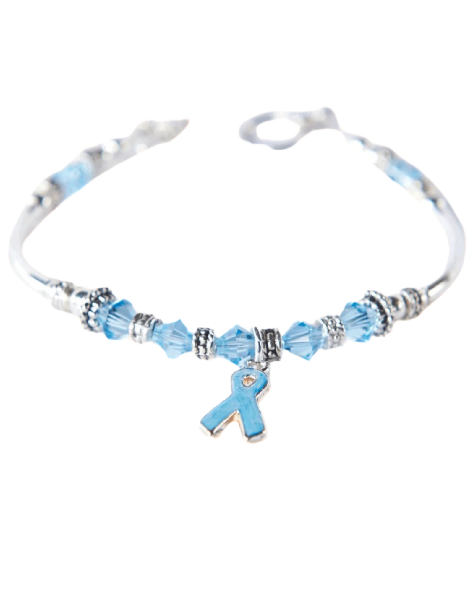 Bracelet with blue awareness ribbon charm on a white background