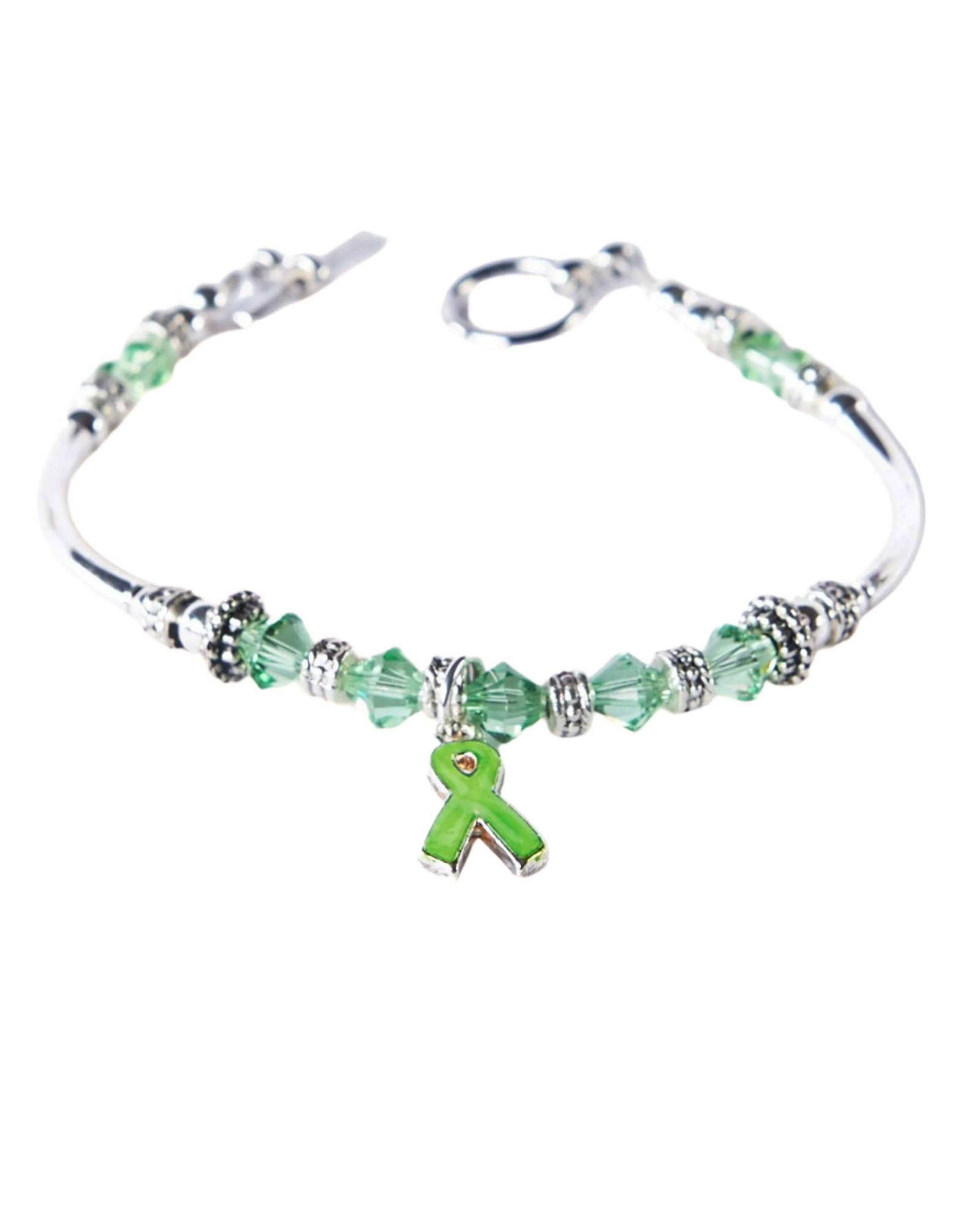 Bracelet with green beaded charm on a white background
