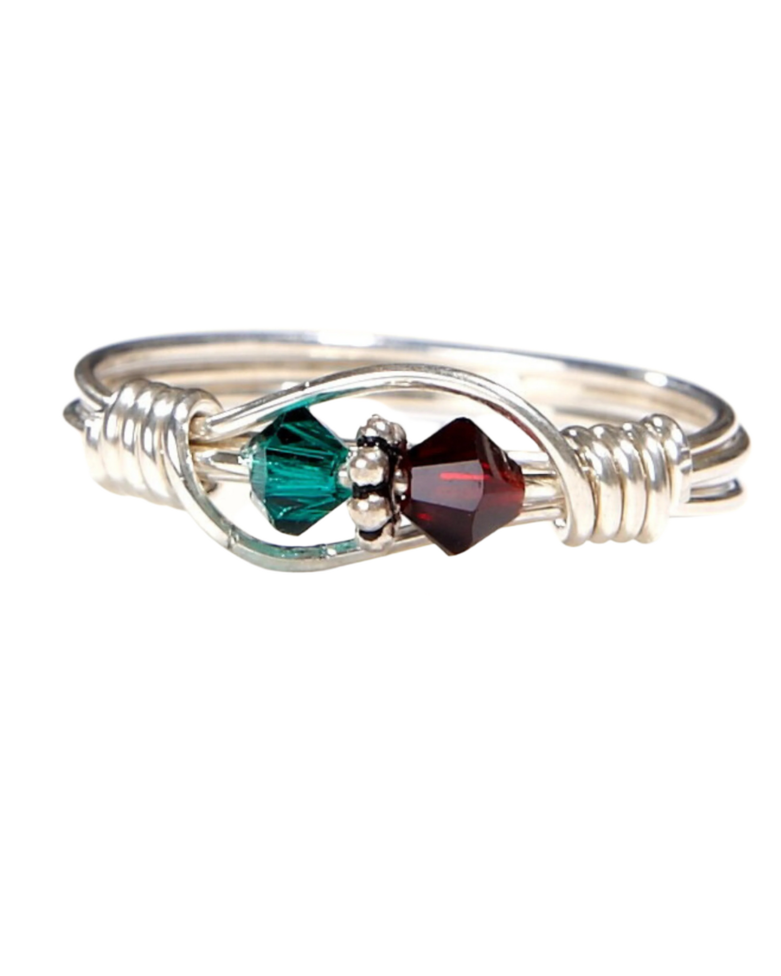 A sterling silver ring with two Swarovski crystals representing birthstones, designed as a Mother's Ring.