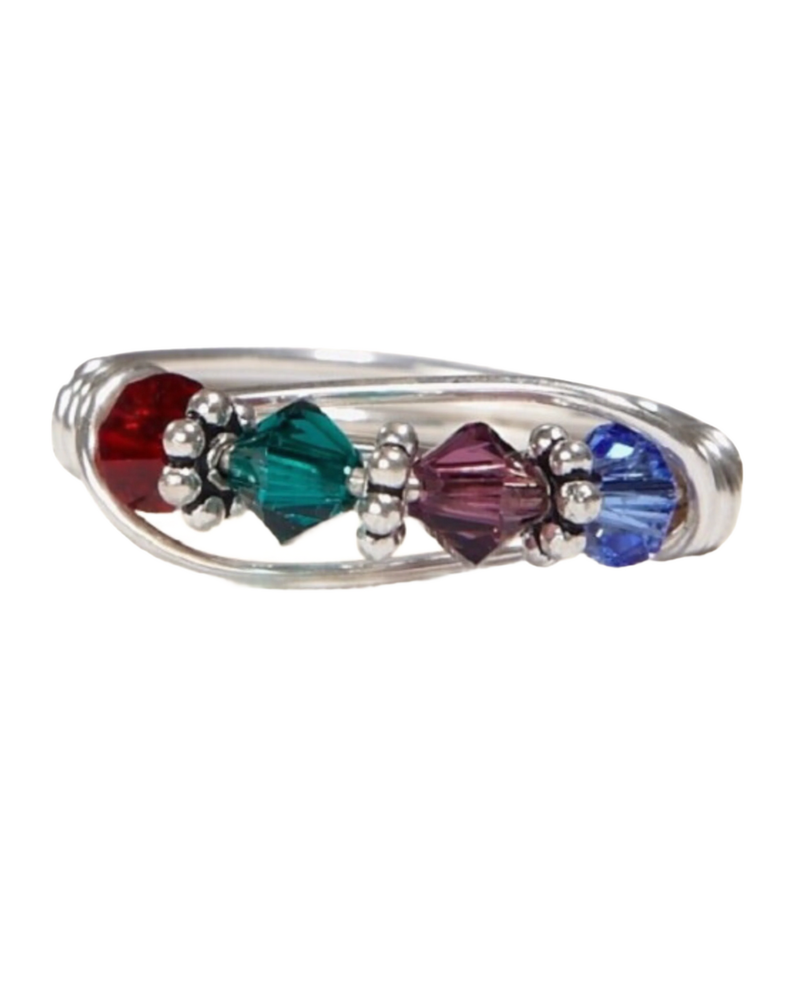 Silver ring with colorful gemstones on a white background.