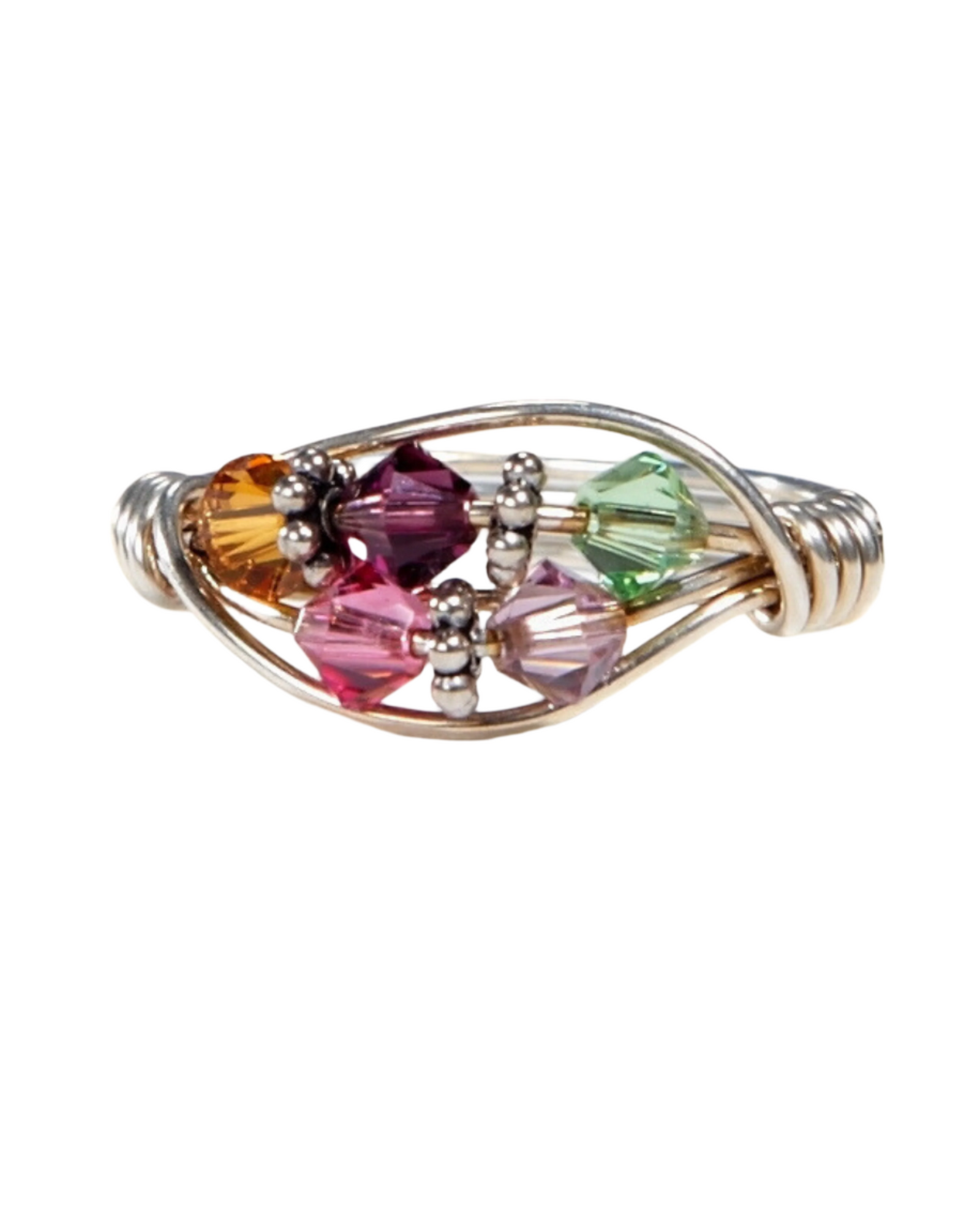 Ring with multicolored beads on a white background.