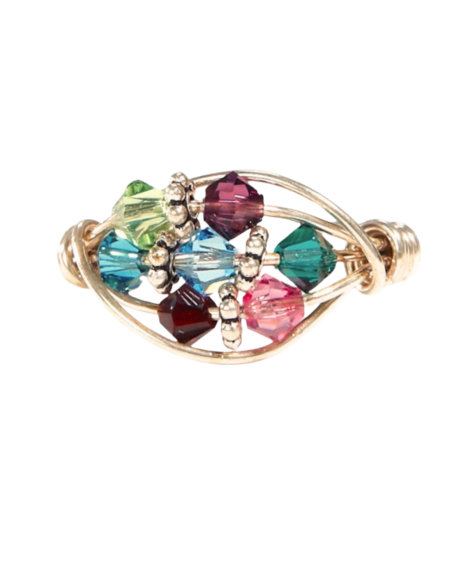 Multicolored gemstone ring with gold band on a white background.
