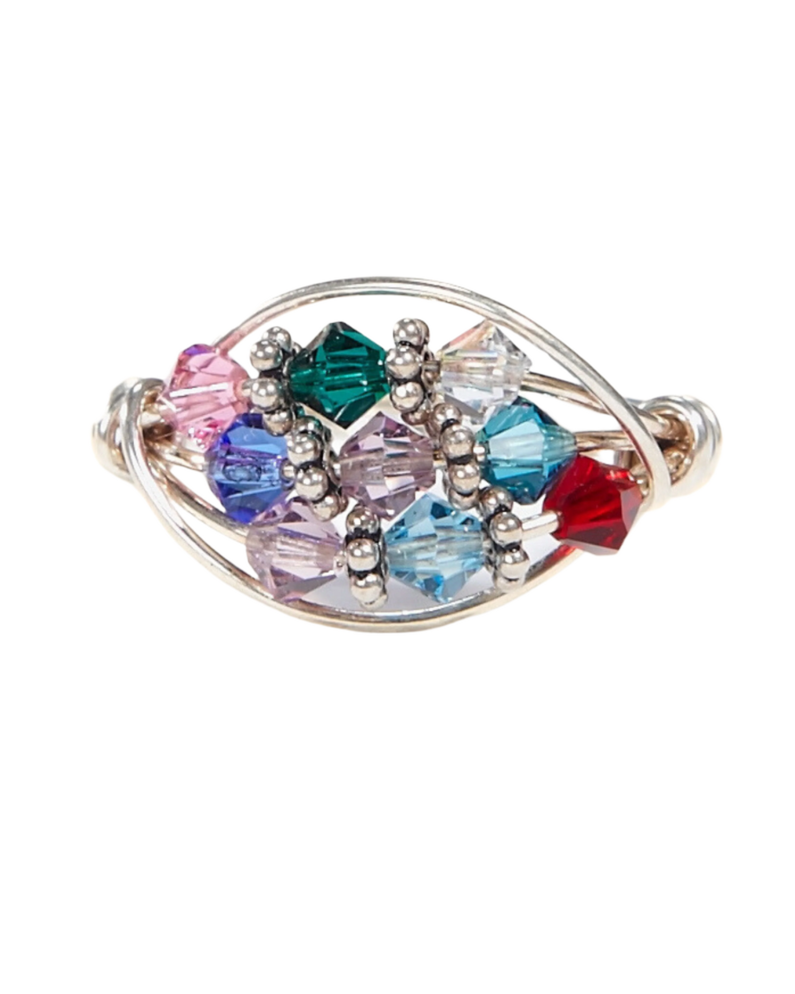 Ring with multicolored gemstones on a white background