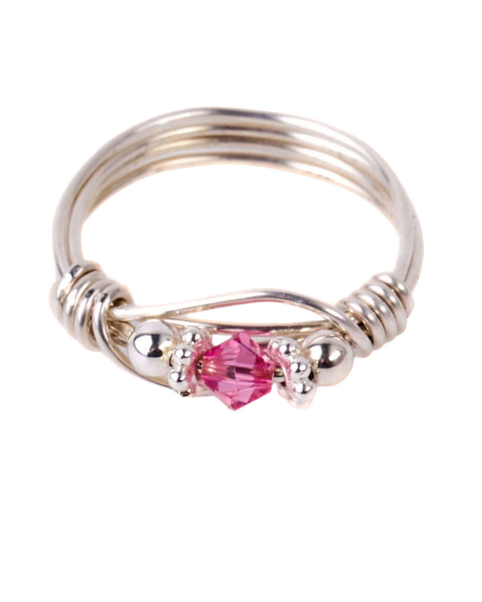 A sterling silver ring with a wrapped band, featuring a single pink Swarovski crystal in the center, surrounded by smaller clear crystals.