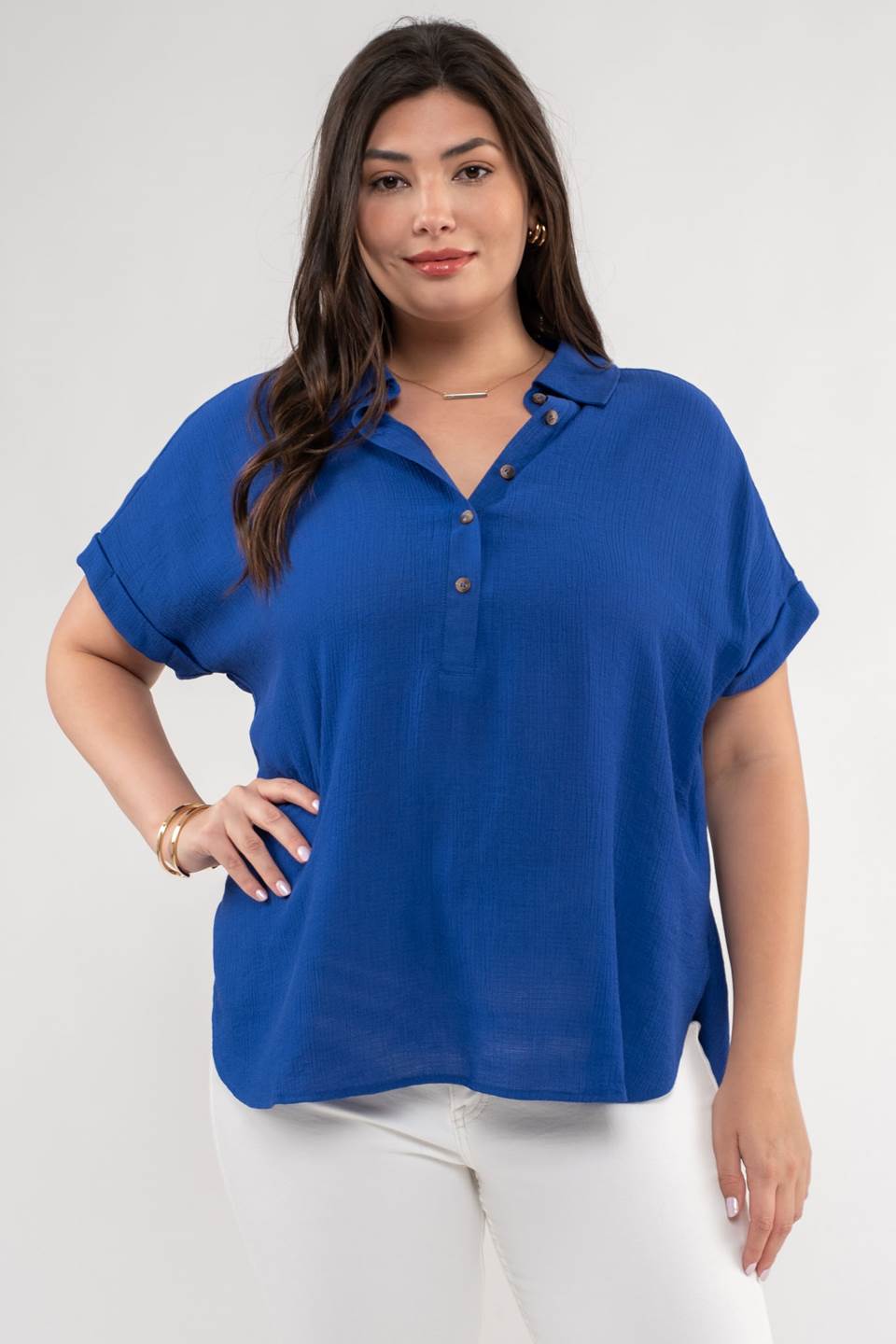 Plus Mid Button Down Blouse - (Royal Blue)