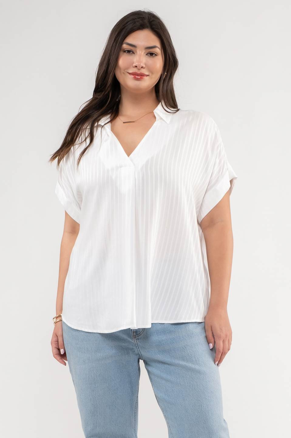 Plus Striped Collared Split Neck Blouse - (White)