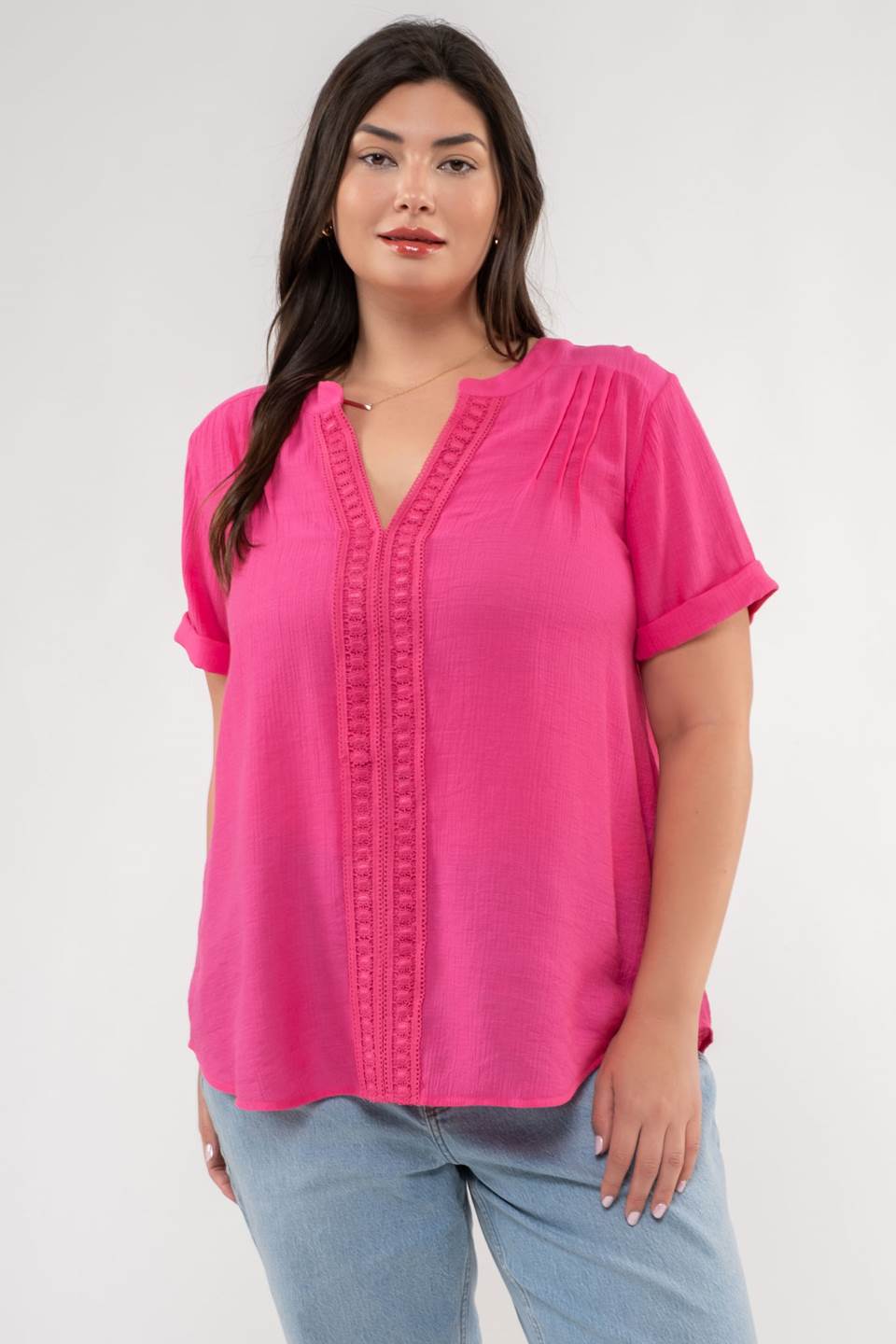 Plus Front Floral Lace Blouse - (Fuchsia)