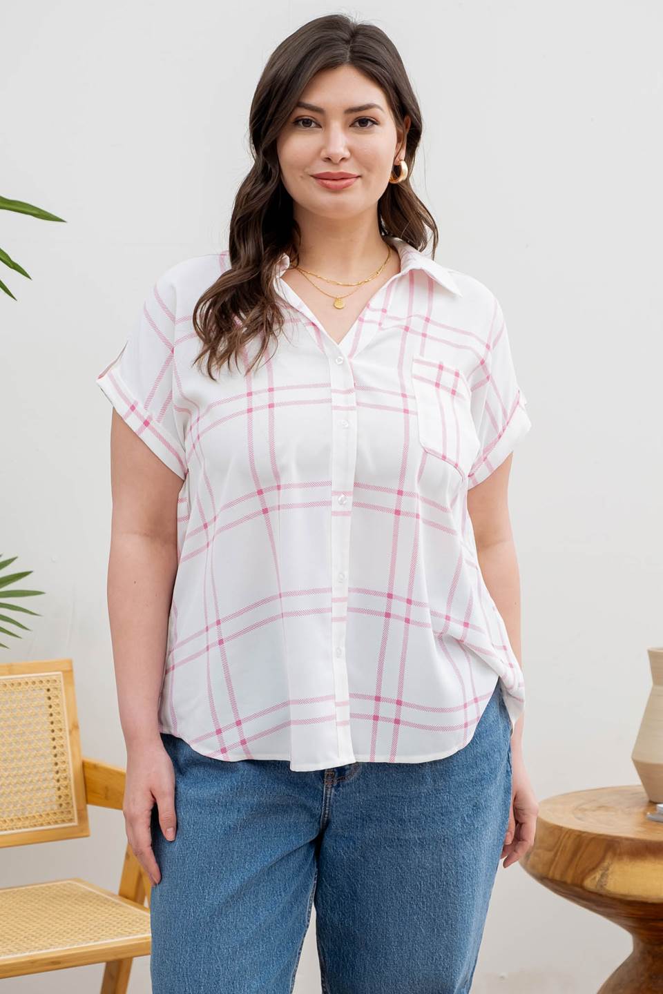 Plus Plaid Short Sleeve Blouse - (Pink)