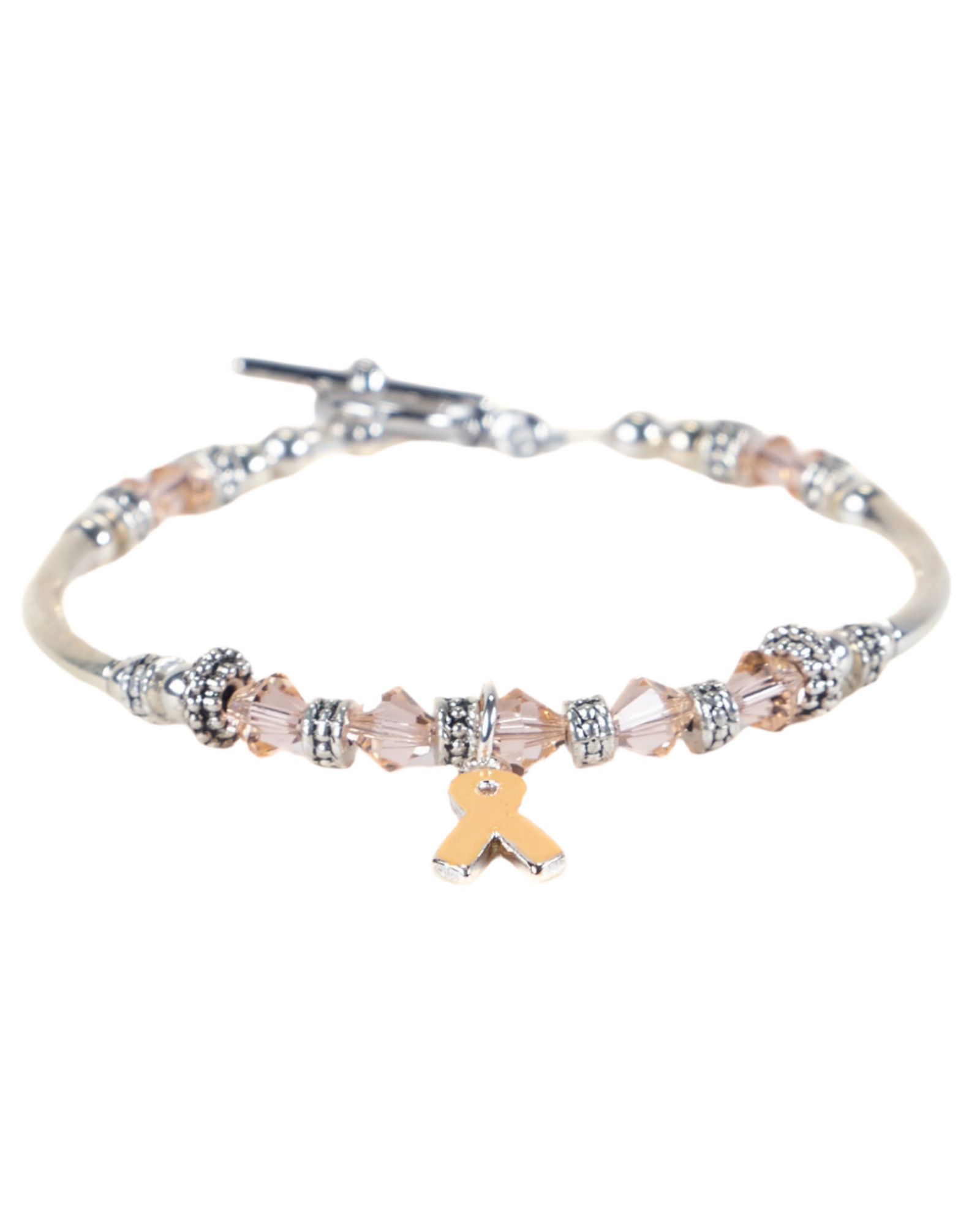 A bracelet featuring sterling silver beads, peach Swarovski crystals, and a peach ribbon charm.