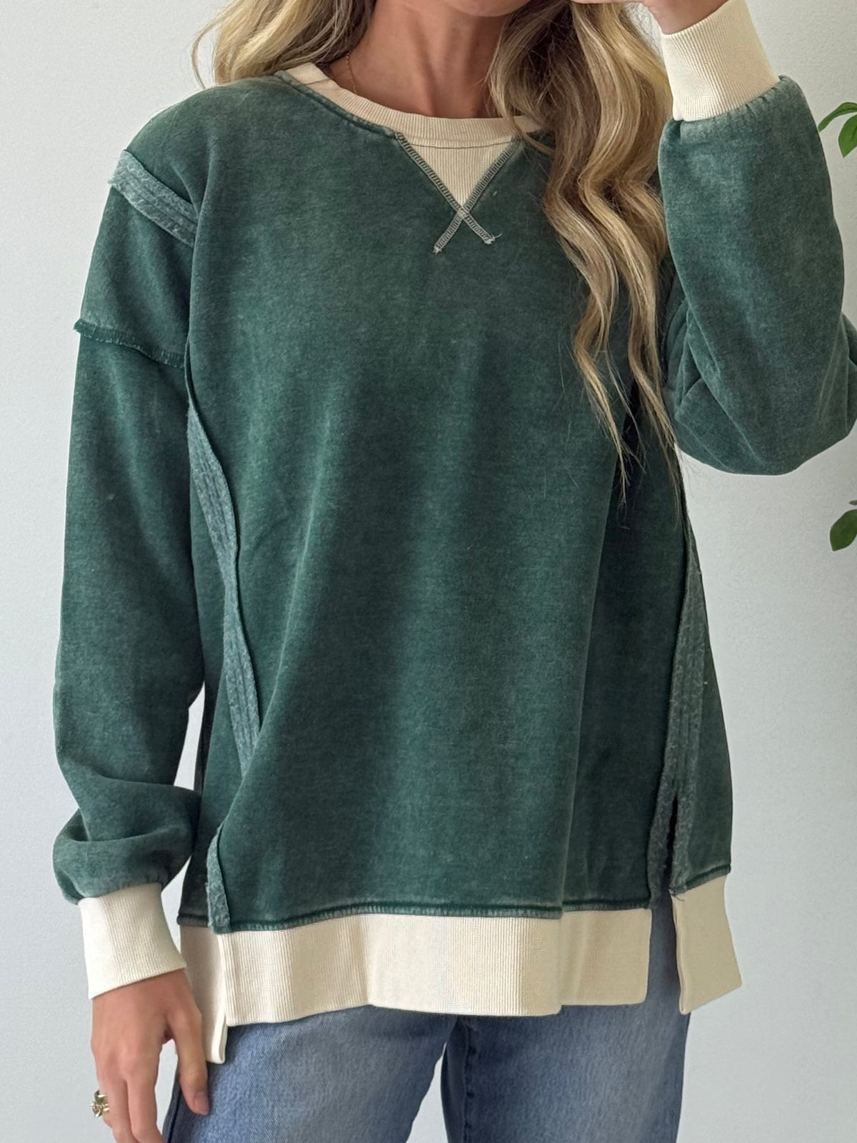 Acid Washed Contrast Fleece Pullover - Dark Green