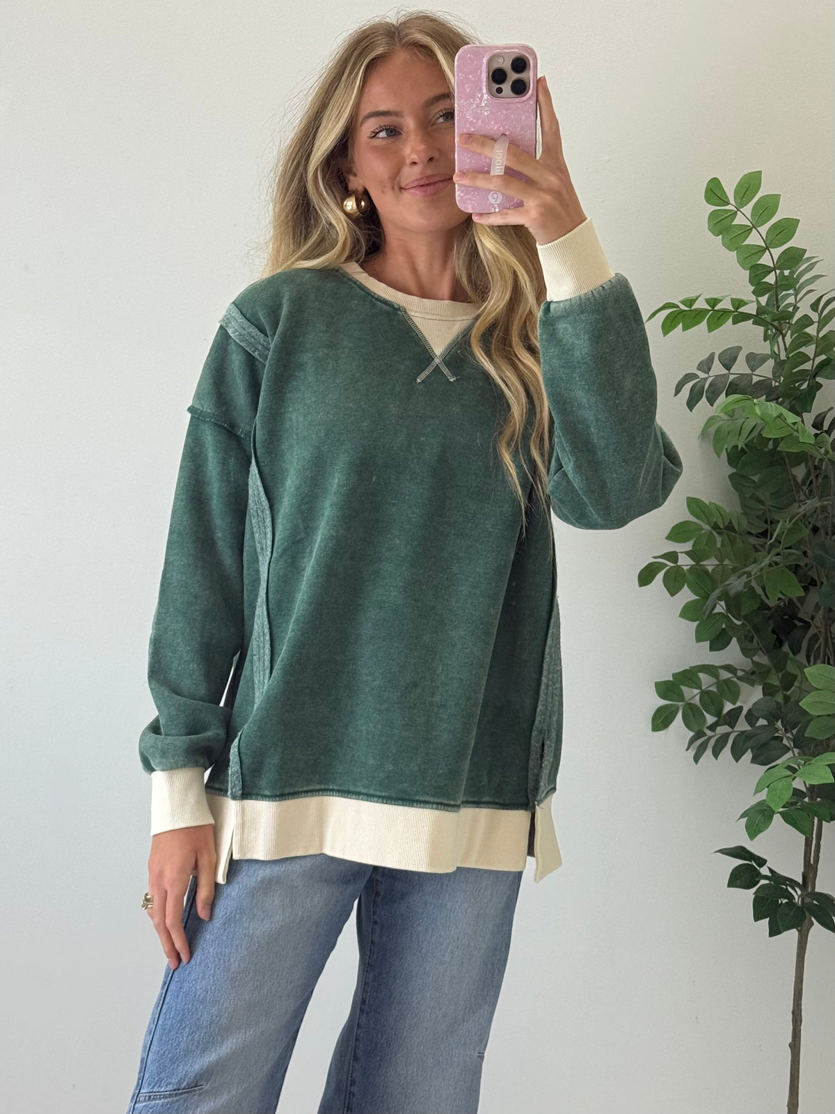 Acid Washed Contrast Fleece Pullover - Dark Green