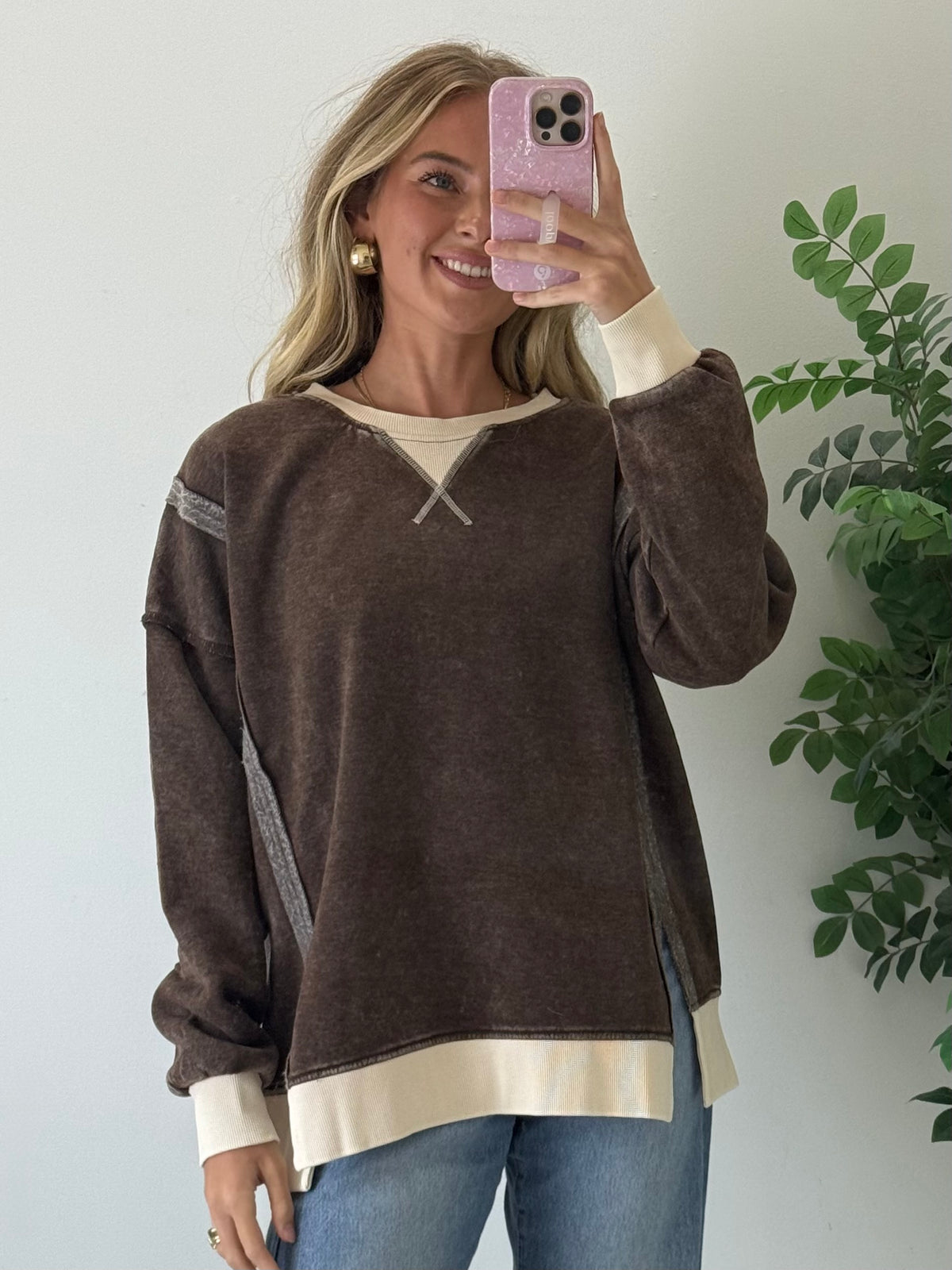 Acid Washed Contrast Fleece Pullover - Chocolate