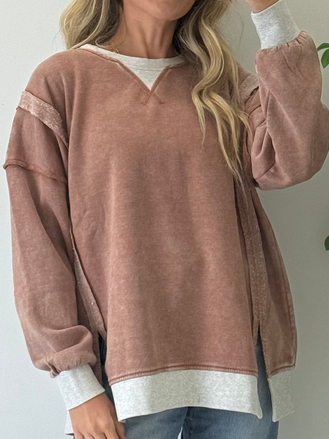 Acid Washed Contrast Fleece Pullover - Rust