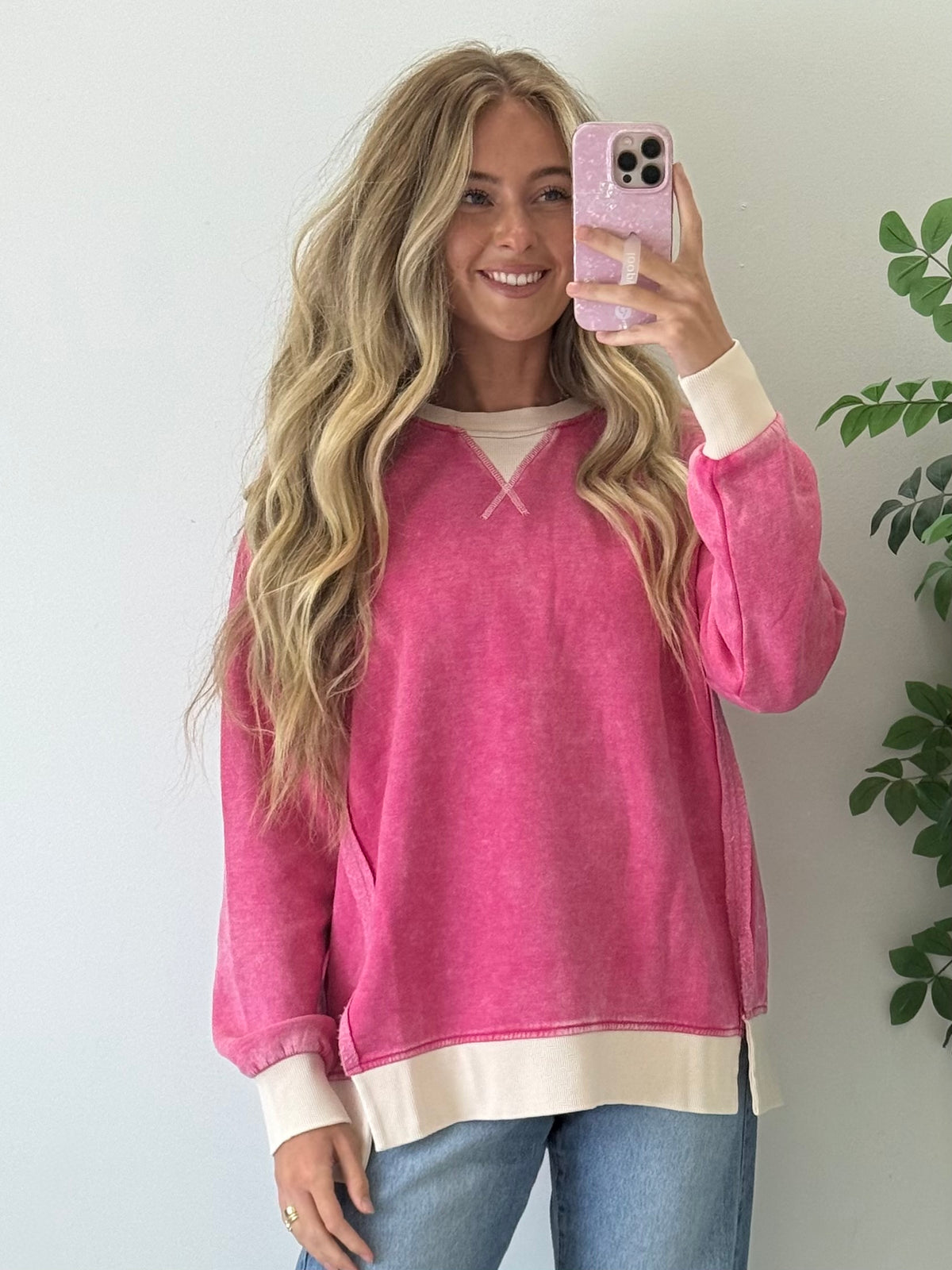 Acid Washed Contrast Fleece Pullover - Hot Pink