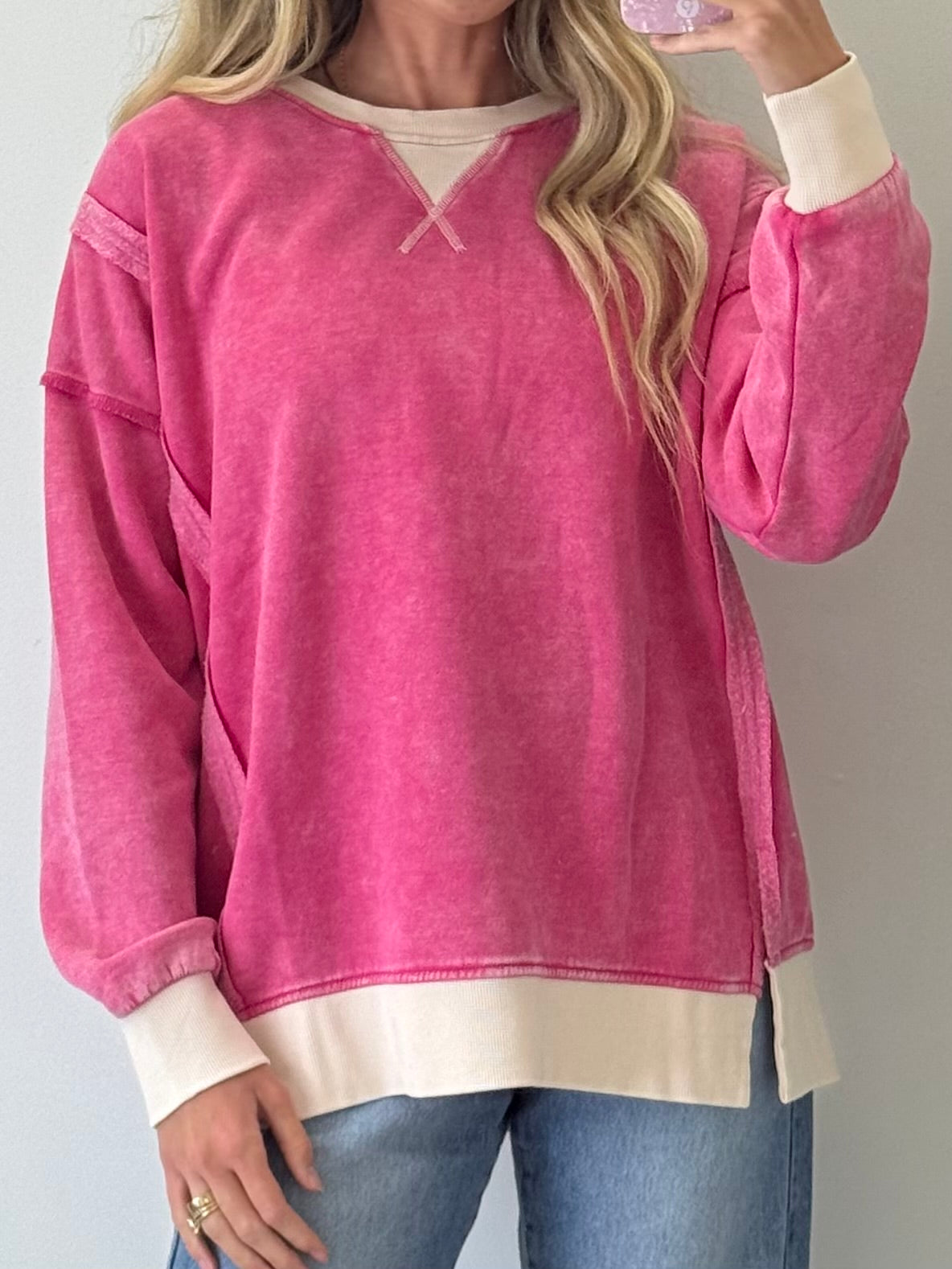 Acid Washed Contrast Fleece Pullover - Hot Pink RESTOCK