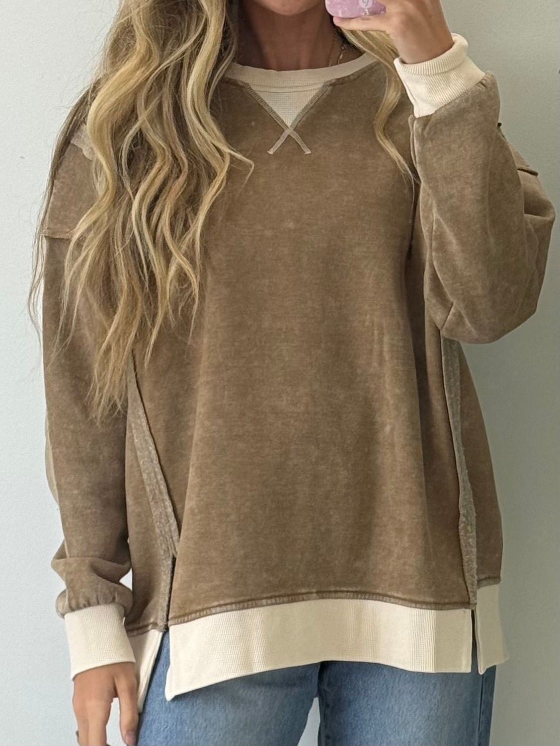 Acid Washed Contrast Fleece Pullover - Camel