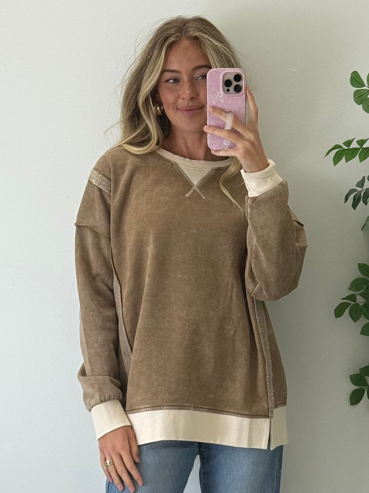 Acid Washed Contrast Fleece Pullover - Camel