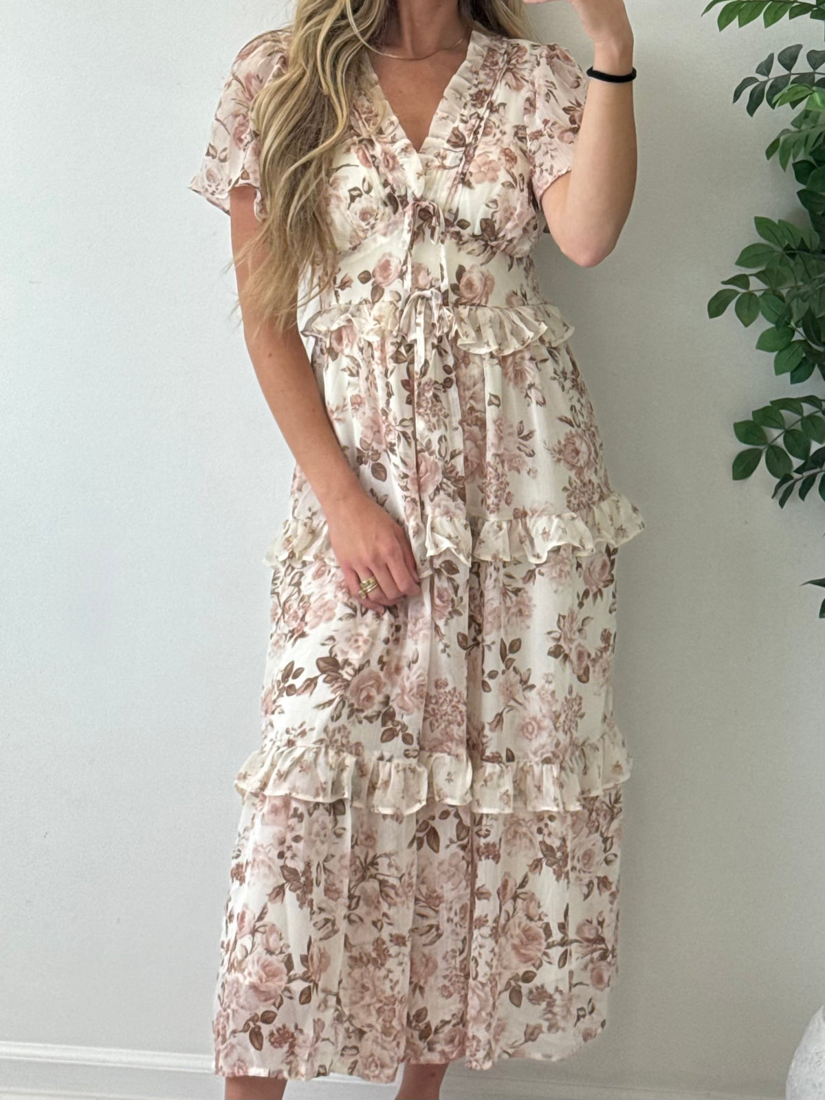 Floral V-Neck Tiered Midi Dress