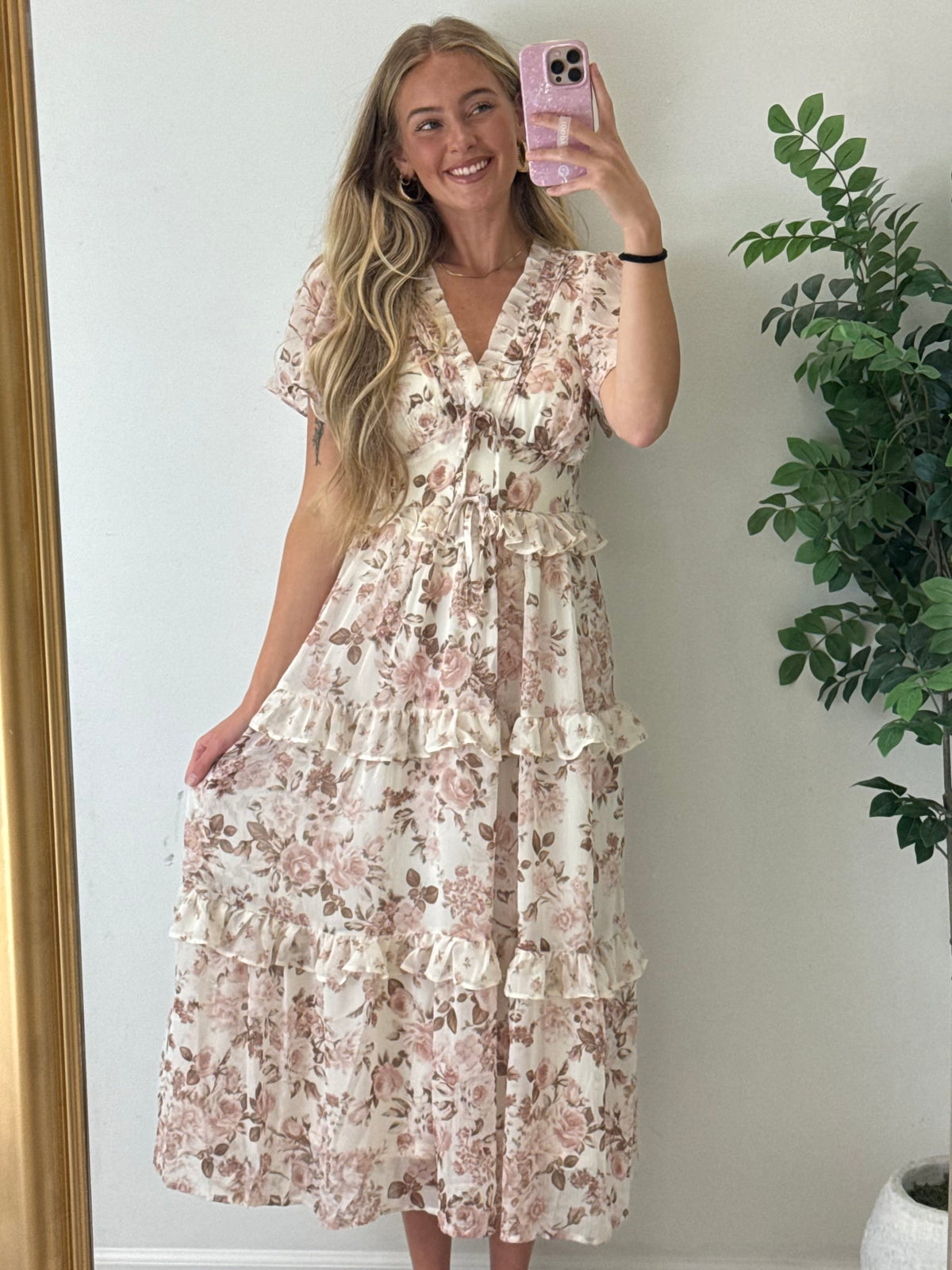 Floral V-Neck Tiered Midi Dress