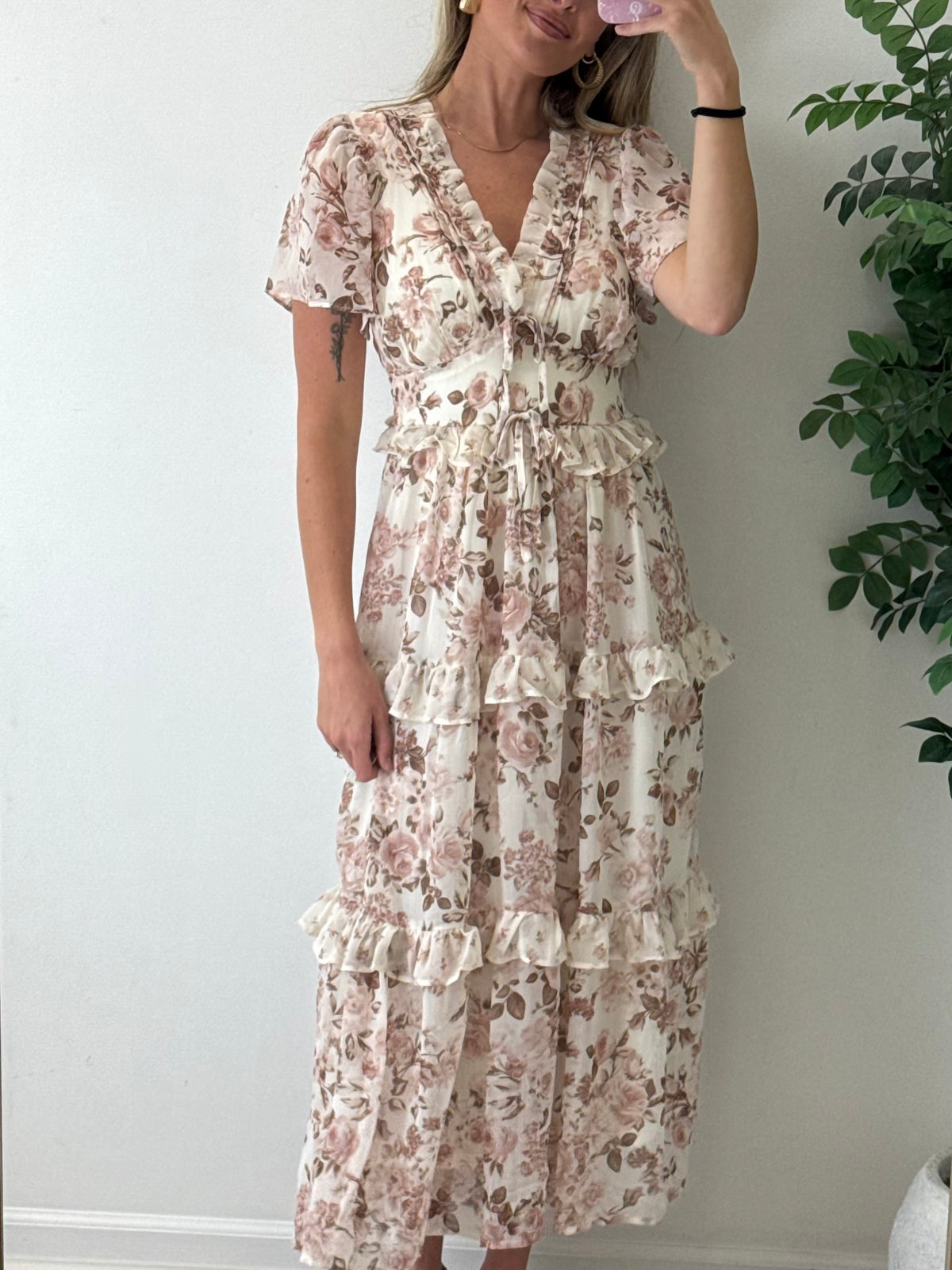 Floral V-Neck Tiered Midi Dress