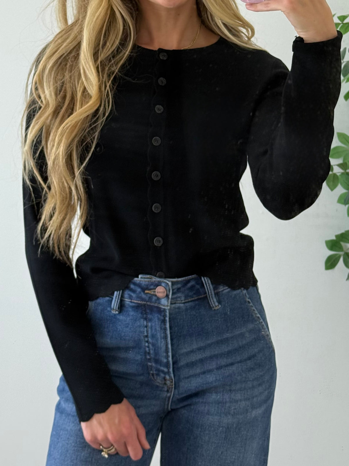 Scalloped Button Long Sleeve Knit Cardigan