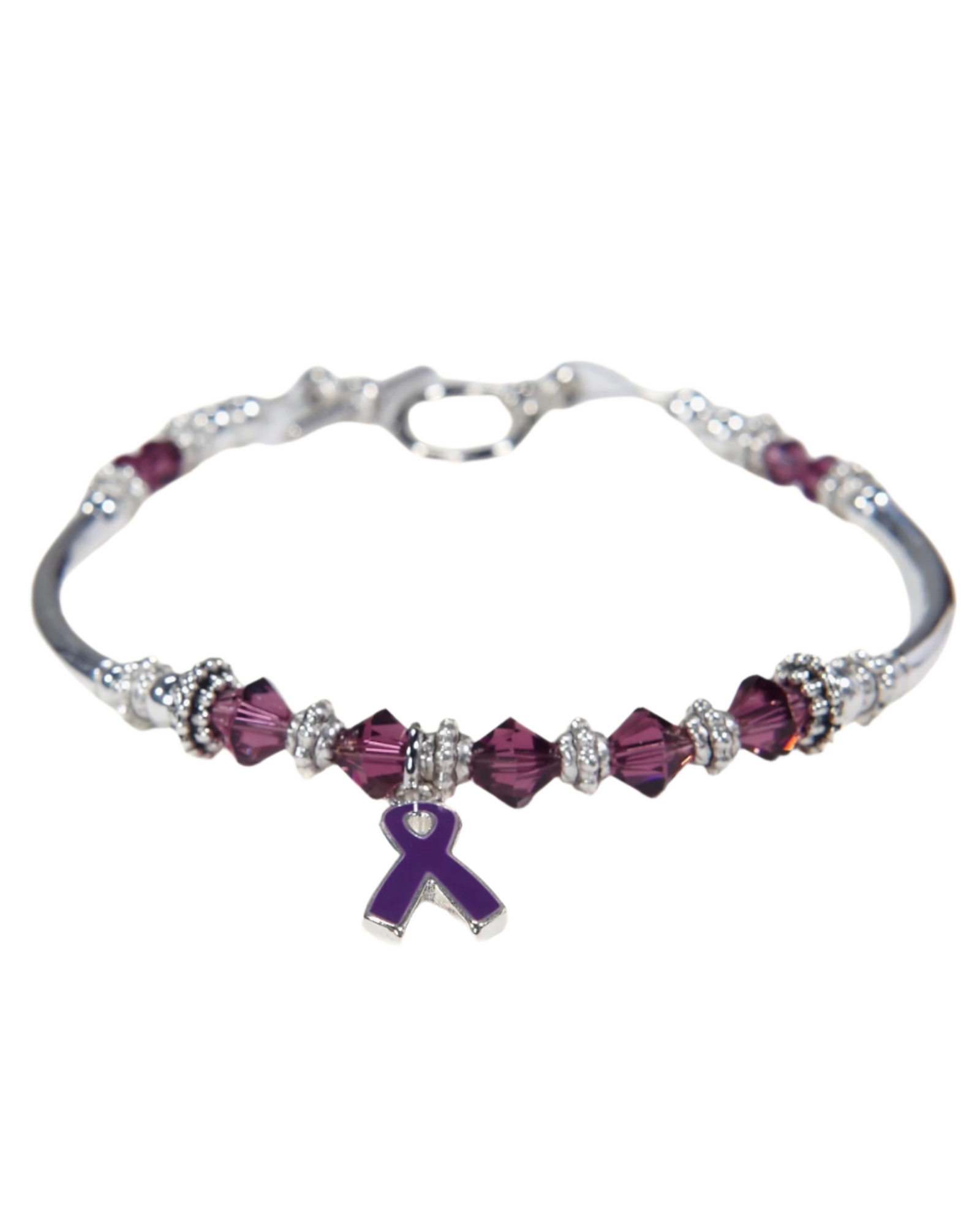 A sterling silver bracelet with purple Swarovski crystals and a purple awareness ribbon charm, featuring a clasp closure.