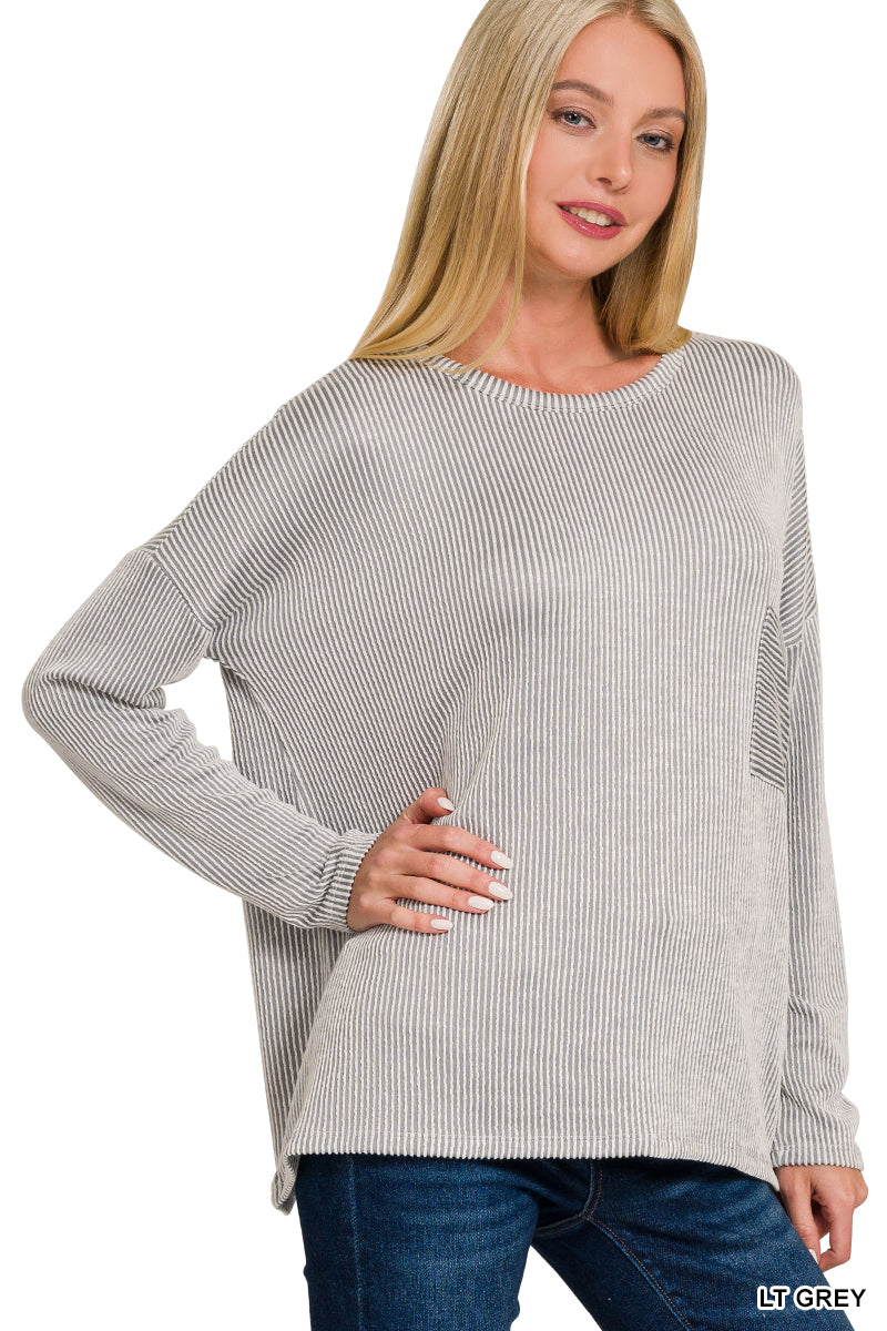 Ribbed striped oversized long sleeve top (Lt Grey)