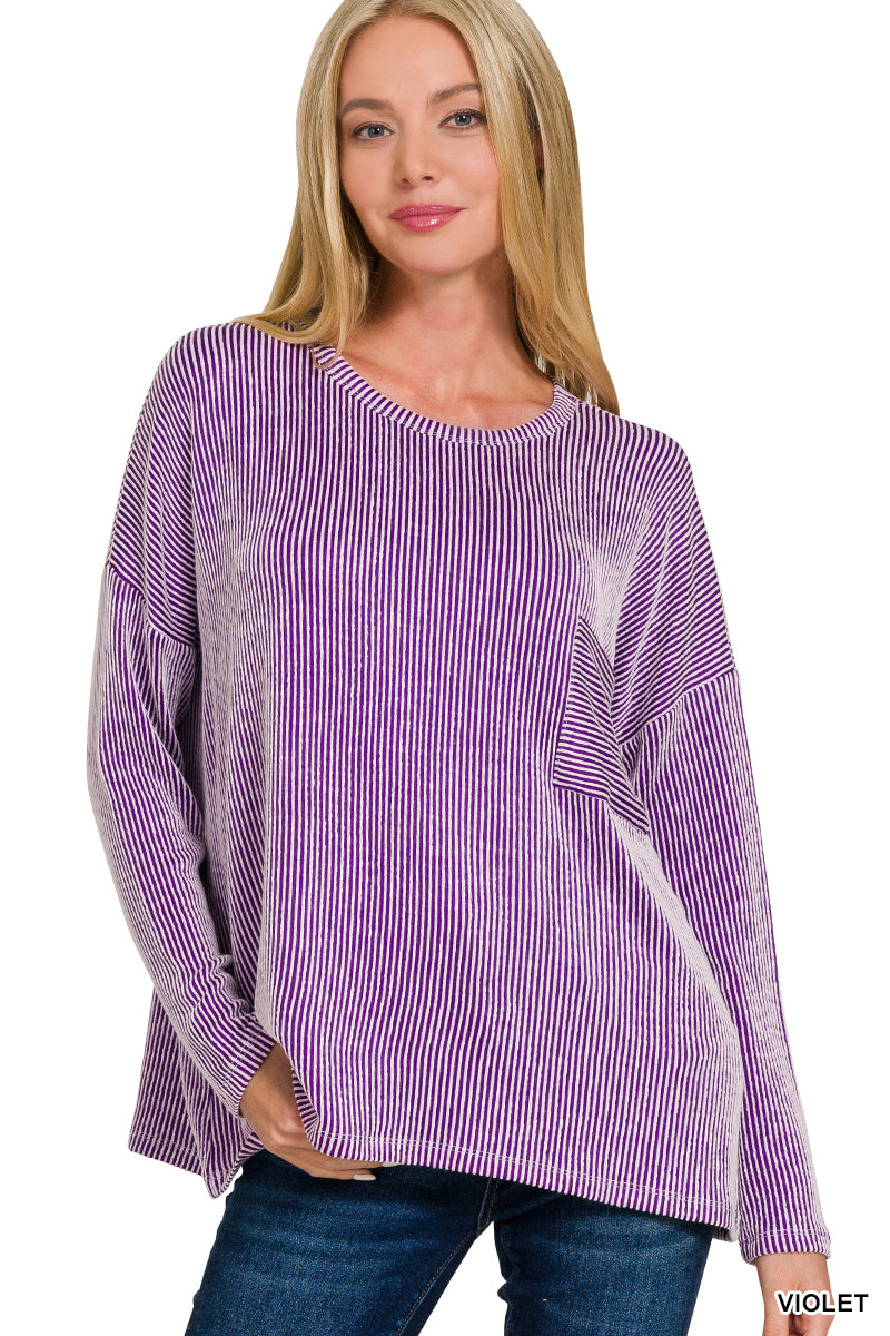 Ribbed striped oversized long sleeve top (Violet)