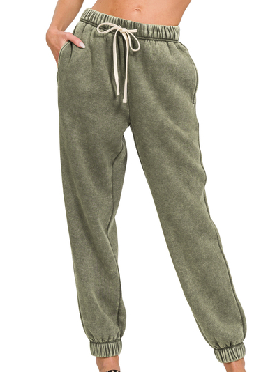 Acid Wash Fleece Sweatpants - (Dark Olive)