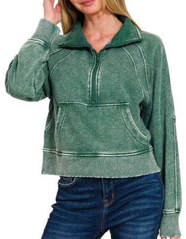 ACID WASHED HALF ZIP PULLOVER - (Dark Green)