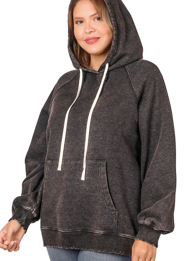 PLUS ACID WASH FLEECE HOODIE WITH POCKETS - (Ash Black)